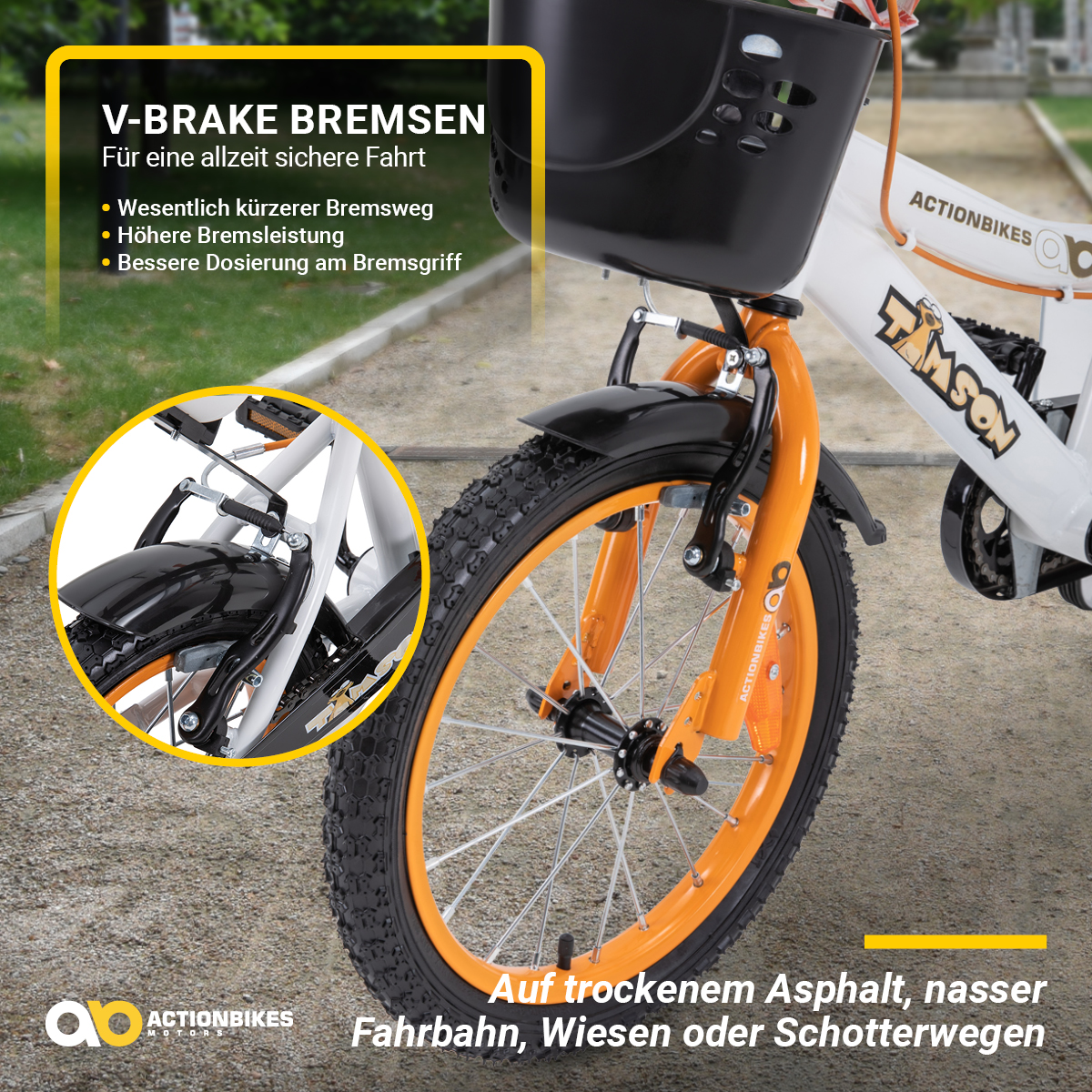 Ein Fahrradrad und Bremsen werden im Detail gezeigt. Das Fahrrad hat orangefarbene und schwarze Akzente.