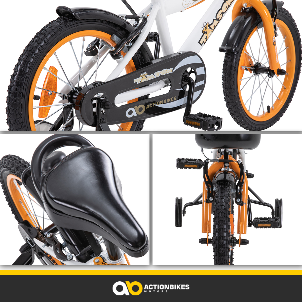 Collage eines weißen und orangenen Kinderfahrrads, Nahaufnahmen von Sitz, Rädern und Pedalen.