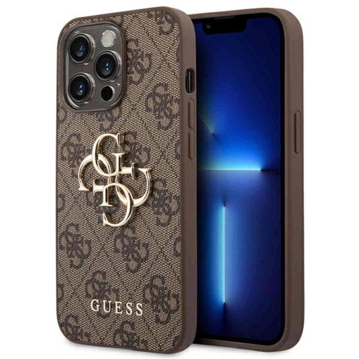 Braune Guess-Handyhülle mit goldenem Emblem und Telefon mit blauem Bildschirm.