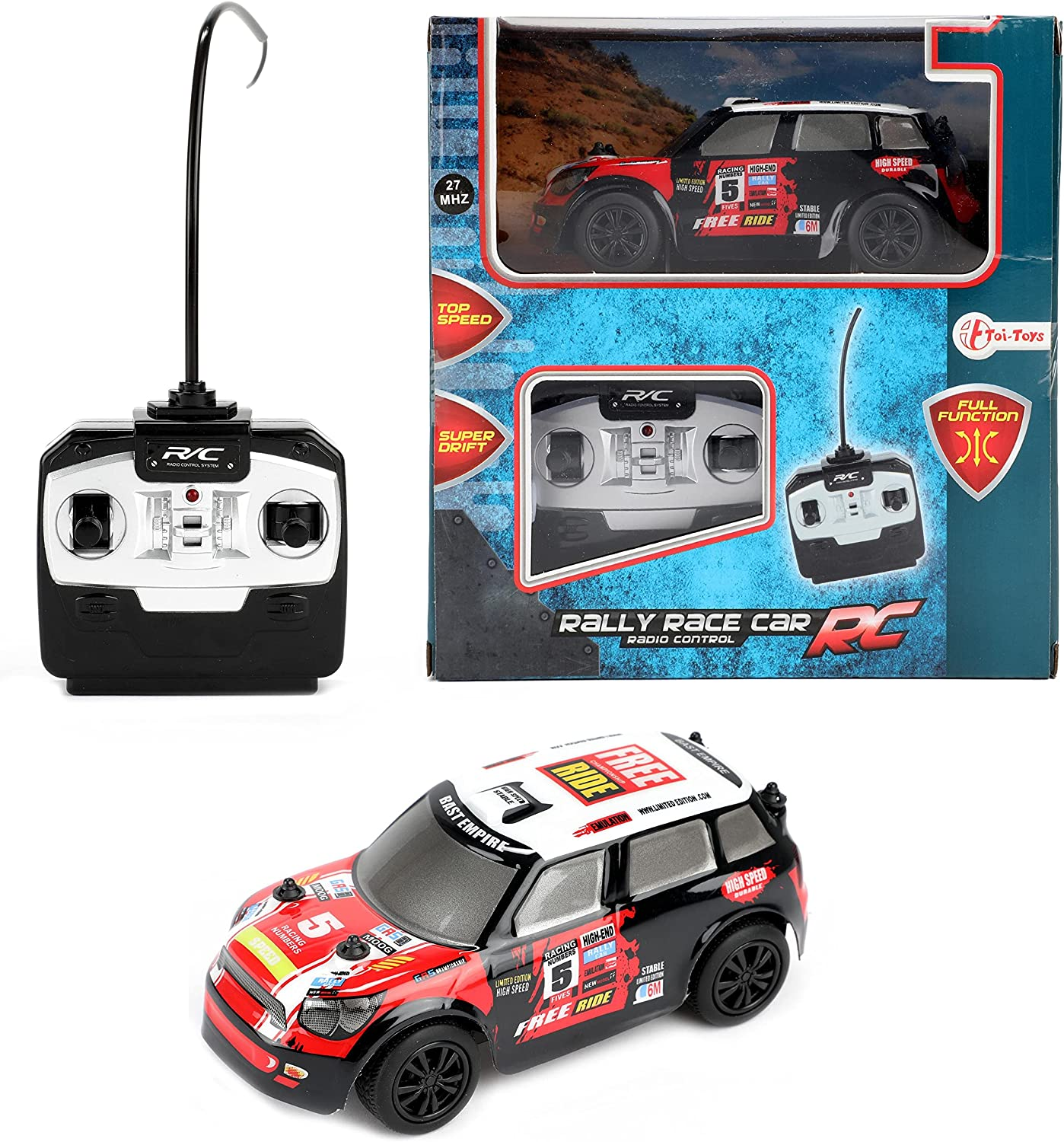 Ein rot-schwarzes Spielzeugauto mit Fernbedienung und einer Box, die das Auto zeigt. Weißer Hintergrund.