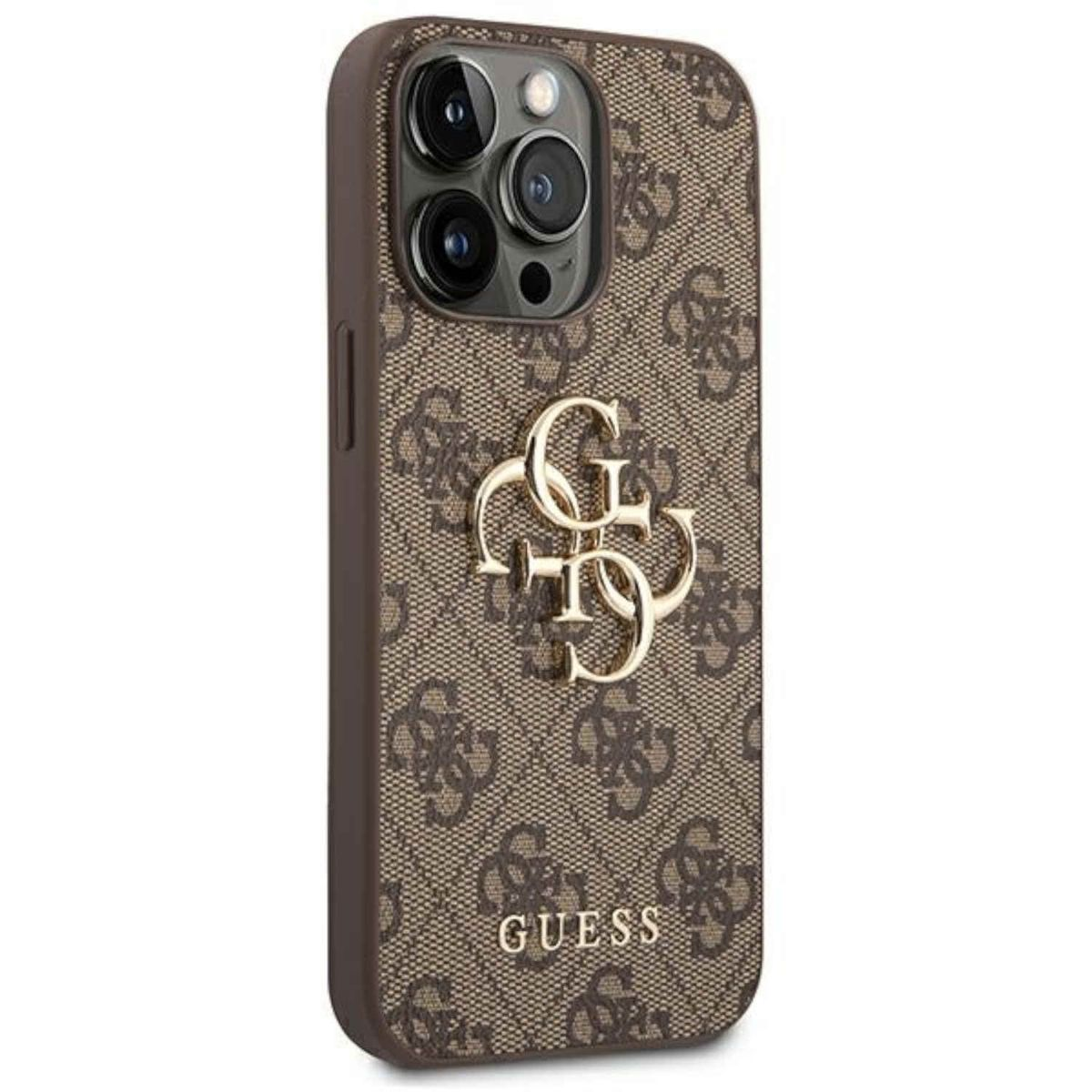 iPhone-Hülle mit GUESS-Logo. Braun-beiges Muster. Telefon ist innen.