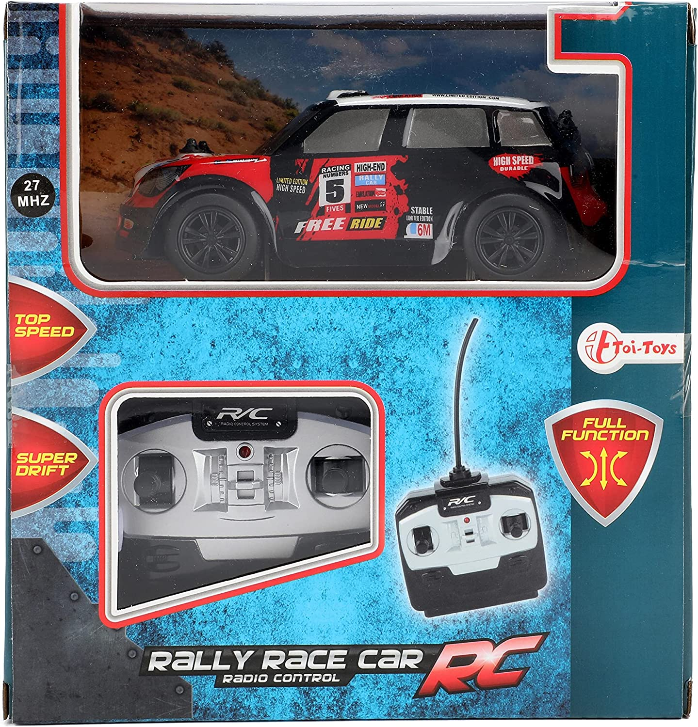 Spielzeug-Rallye-Rennwagen mit Fernbedienung. Auto ist rot und schwarz. Blauer Hintergrund.