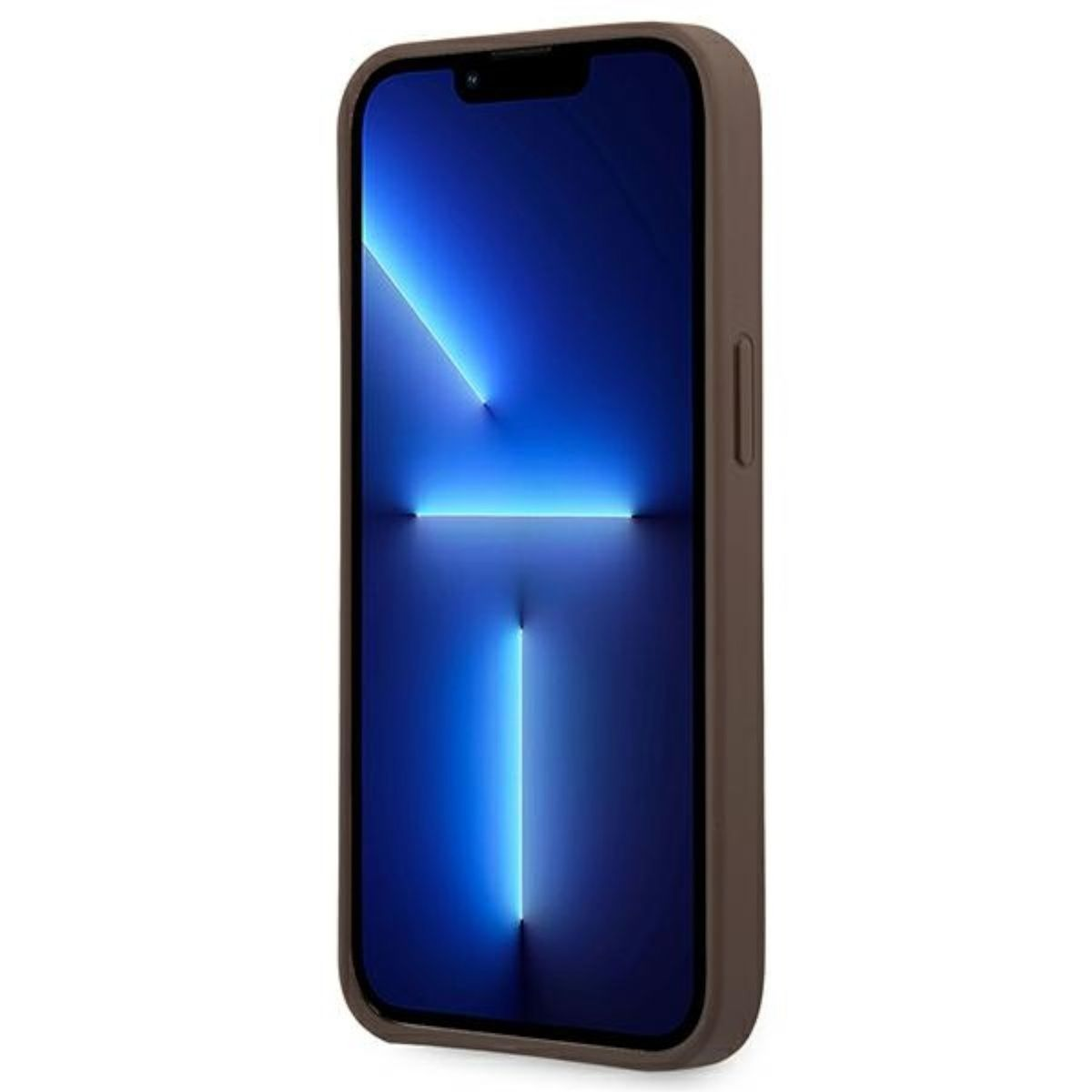 Braune Handyhülle auf einem Telefon mit blauem Bildschirm. Weißer Hintergrund.