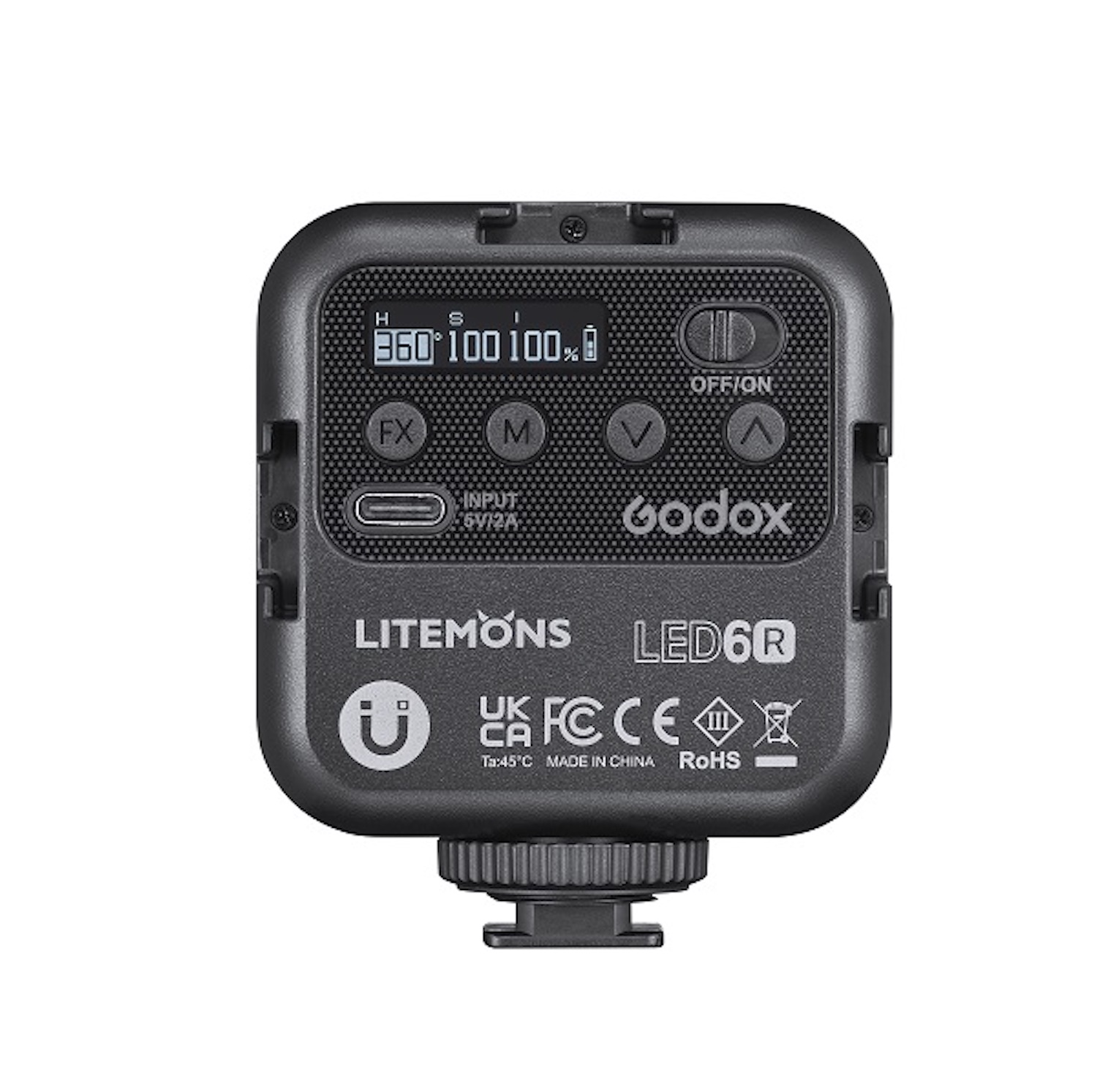 Czarny moduł oświetleniowy Godox LED6R, z wyświetlaczem i przyciskami sterowania, na białym tle.