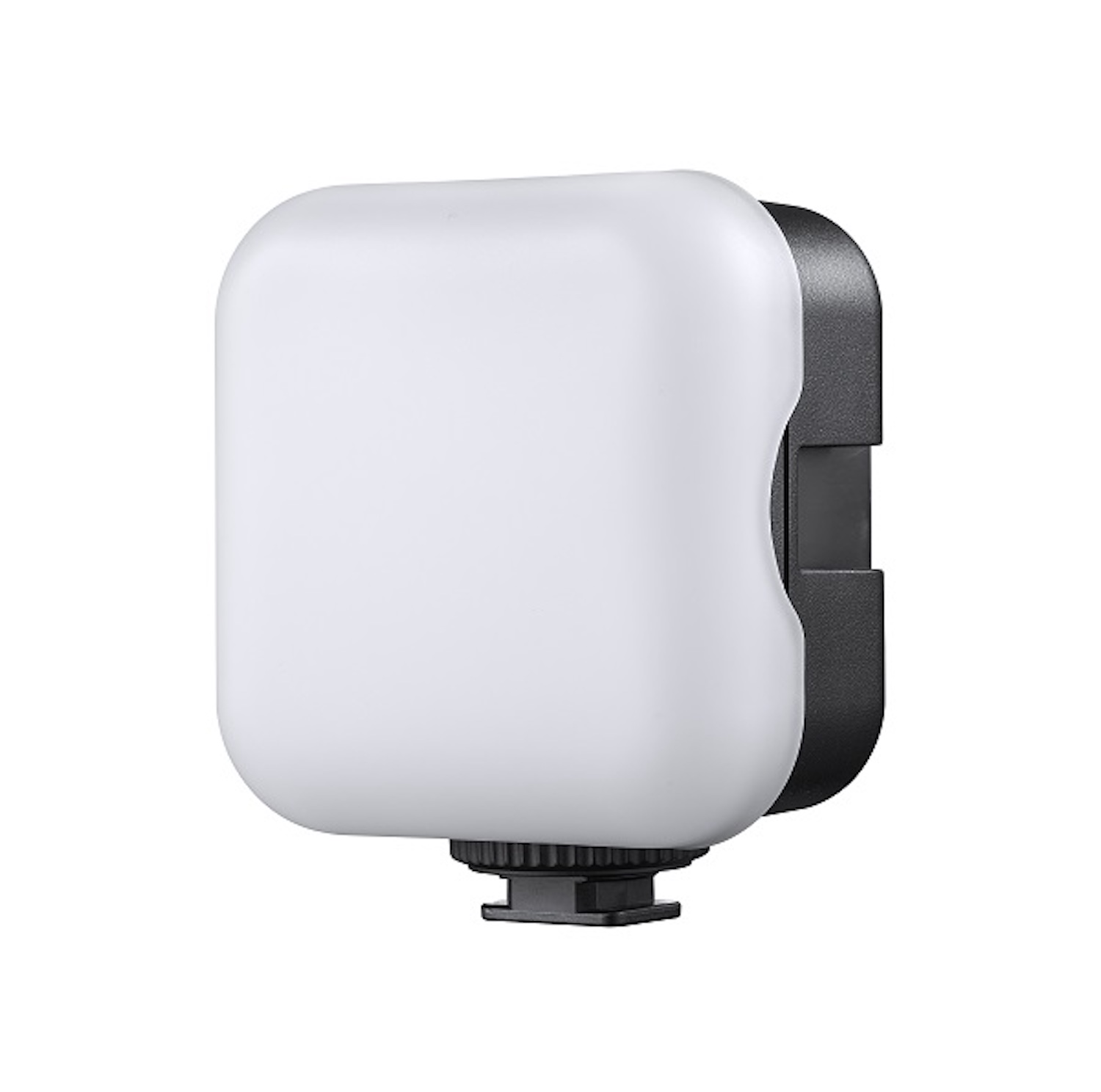 Białe kwadratowe światło z czarnym tyłem i czarnym wspornikiem montażowym.