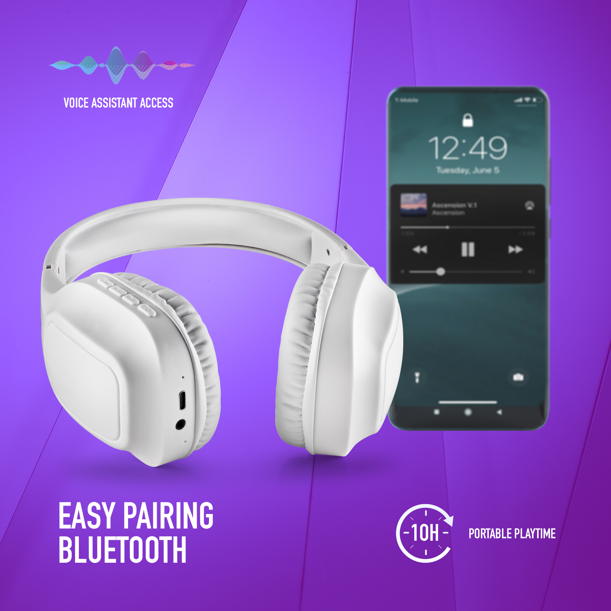 Cuffie bianche con smartphone a destra; accesso assistente vocale e facile abbinamento Bluetooth.
