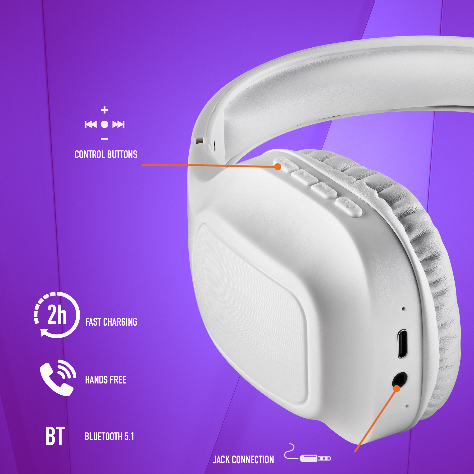 Cuffie bianche con pulsanti di controllo e connessione jack, su uno sfondo sfumato viola.