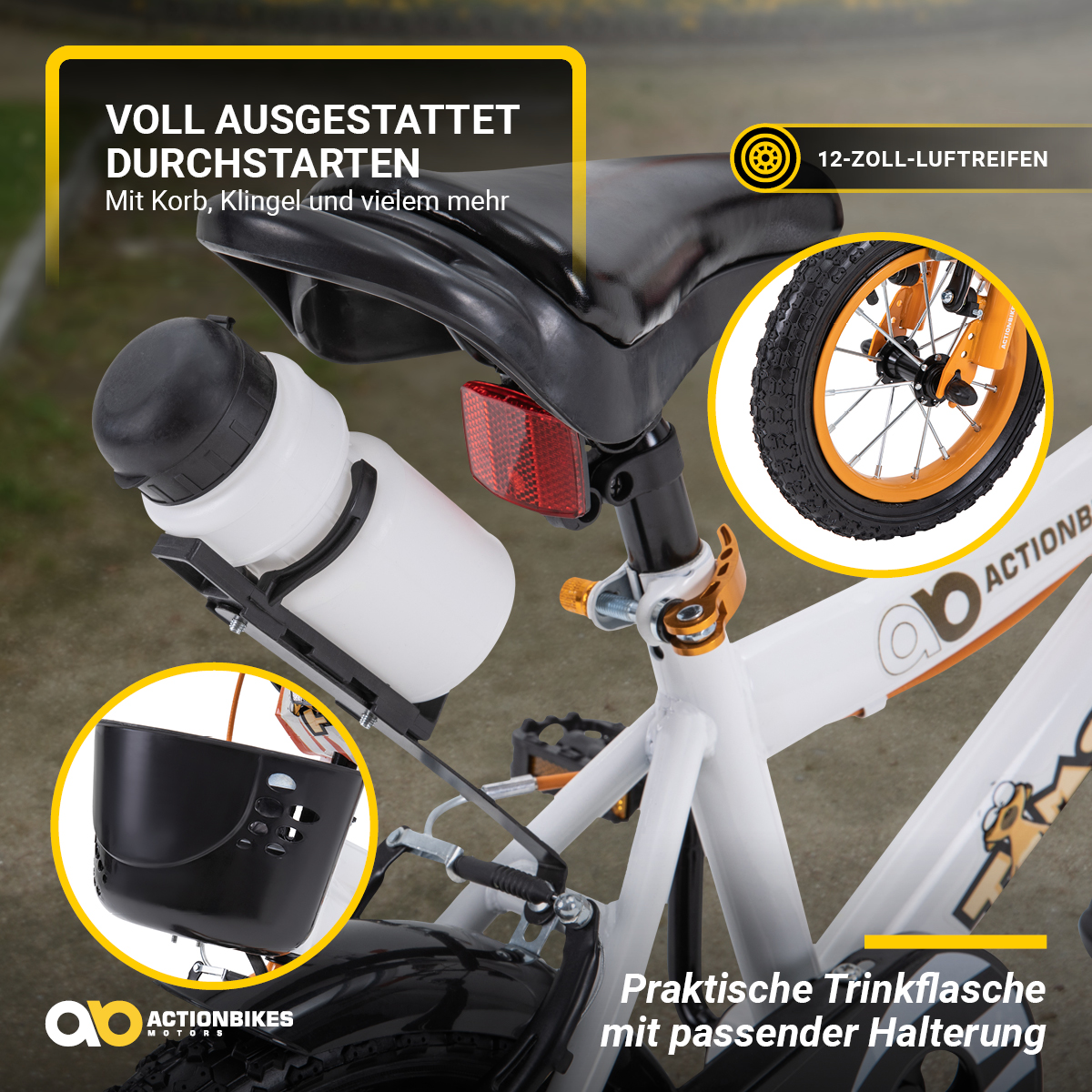 Nahaufnahme eines Fahrrads mit Wasserflasche, Korb und Klingel, mit Text.