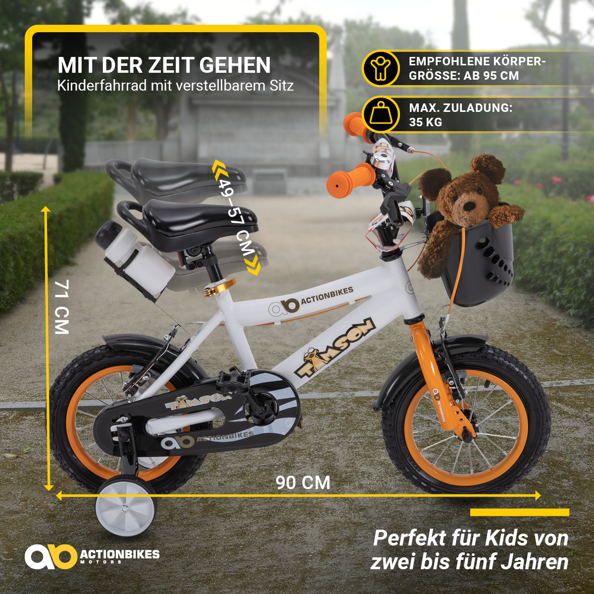 Ein weißes und orangefarbenes Kinderfahrrad mit Maßen und einem Bären im Korb.