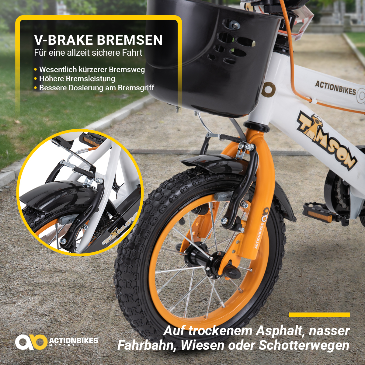 Ein Fahrrad mit orangefarbenen und weißen Details; ein V-Bremse Detail wird gezeigt.