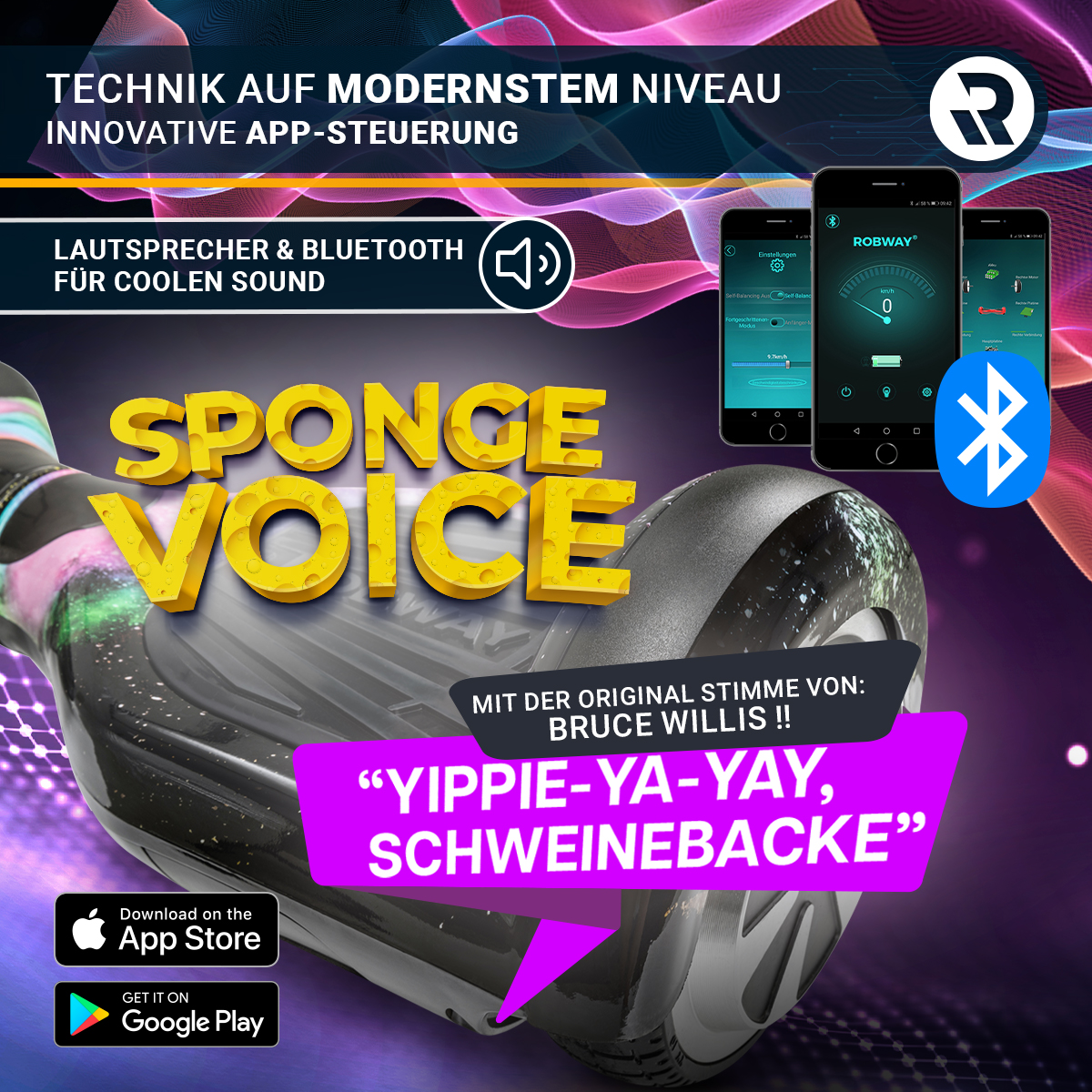 Ein Hoverboard mit dem Text SPONGE VOICE und einem Bluetooth-Symbol mit Telefonen im Hintergrund.