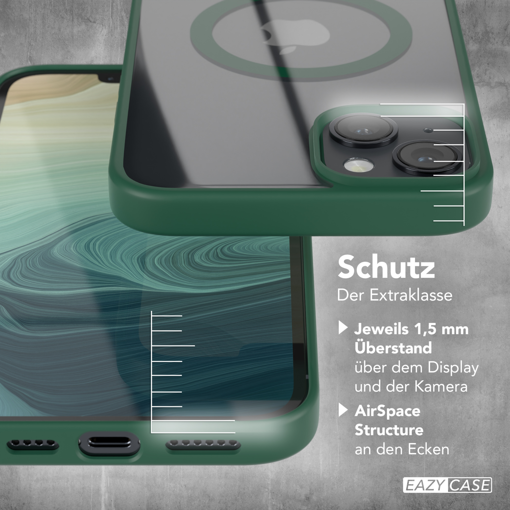 Grüne Handyhülle mit Abmessungen, die Wörter 'Schutz' und 'Eazy Case' sind sichtbar.