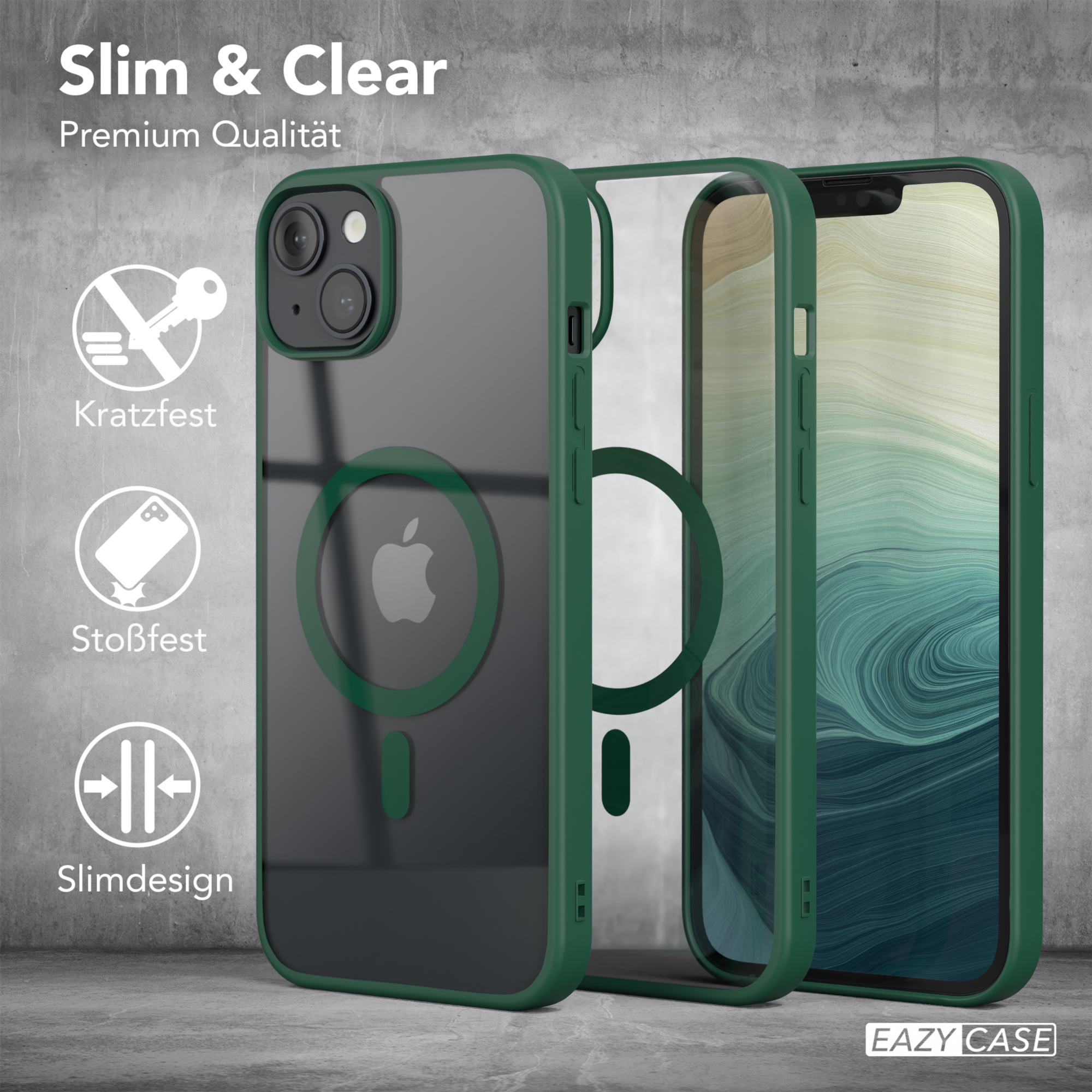 Transparente Handyhülle mit grünen Akzenten, mit Symbolen und Telefon. Slim & Clear, Premium Qualität.