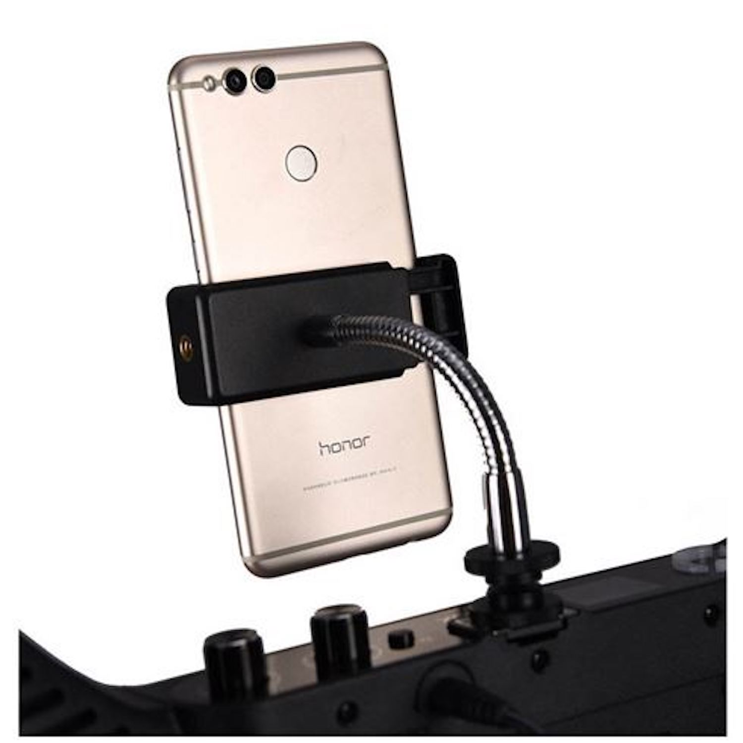 Ein goldenes Smartphone in einem schwarzen, flexiblen Telefonhalter.