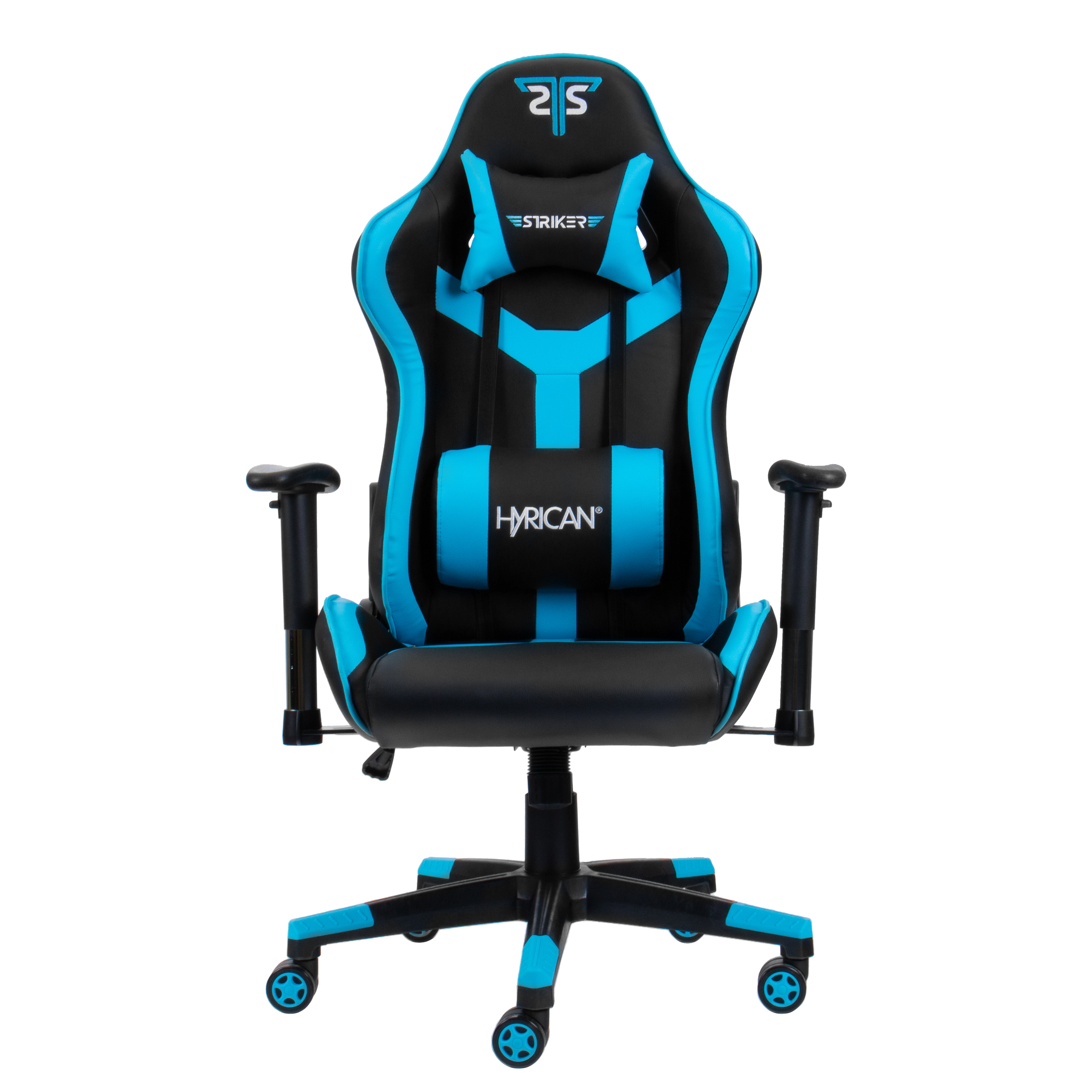 Blau-schwarzer Gaming-Stuhl. Weißer Hintergrund.