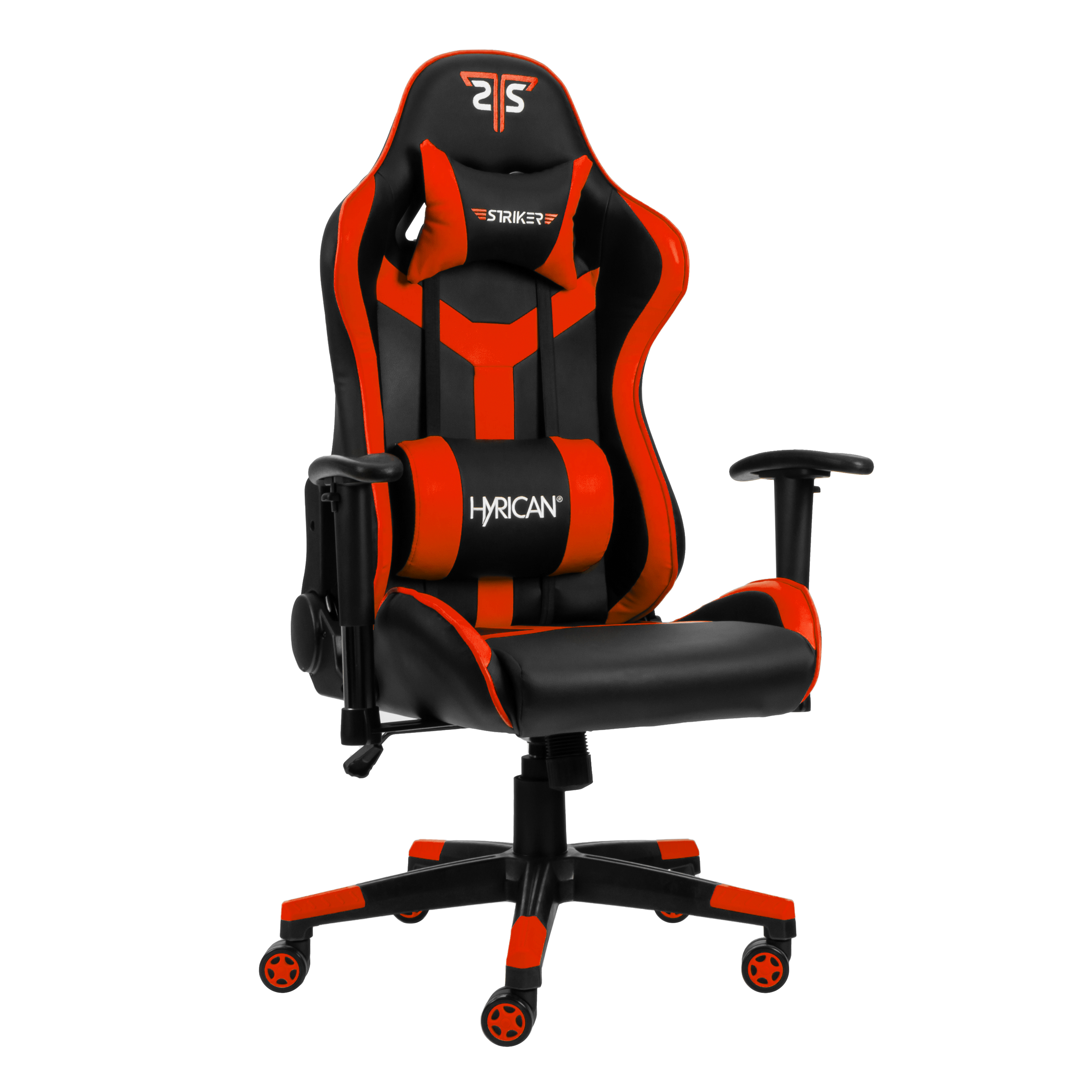 Ein schwarzer und roter Hyrican Gaming-Stuhl mit Kopfstütze und Lendenwirbelstütze.