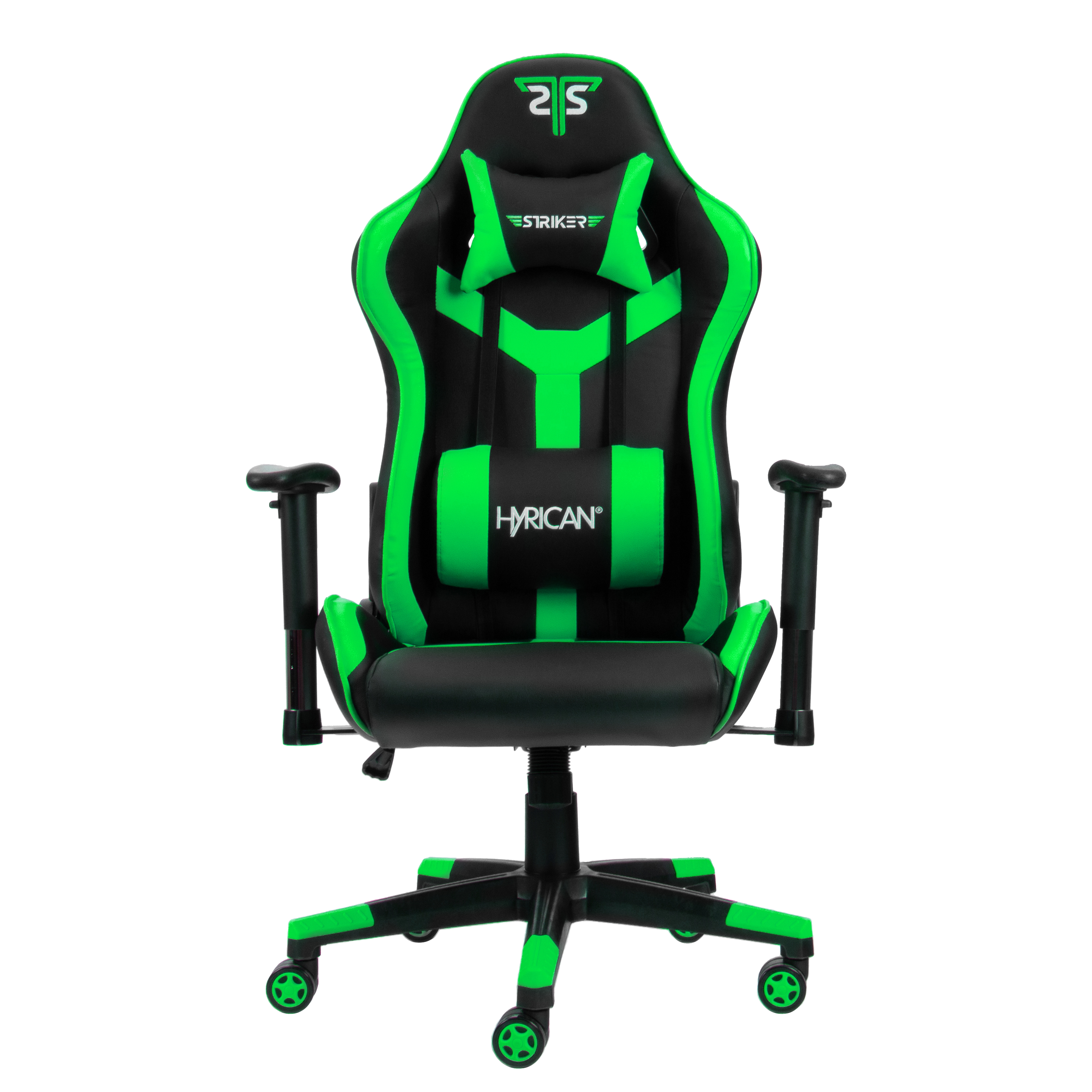 Grüner und schwarzer Gaming-Stuhl. Mit grünen Akzenten, schwarzem Fuß und HYRICAN-Logo.