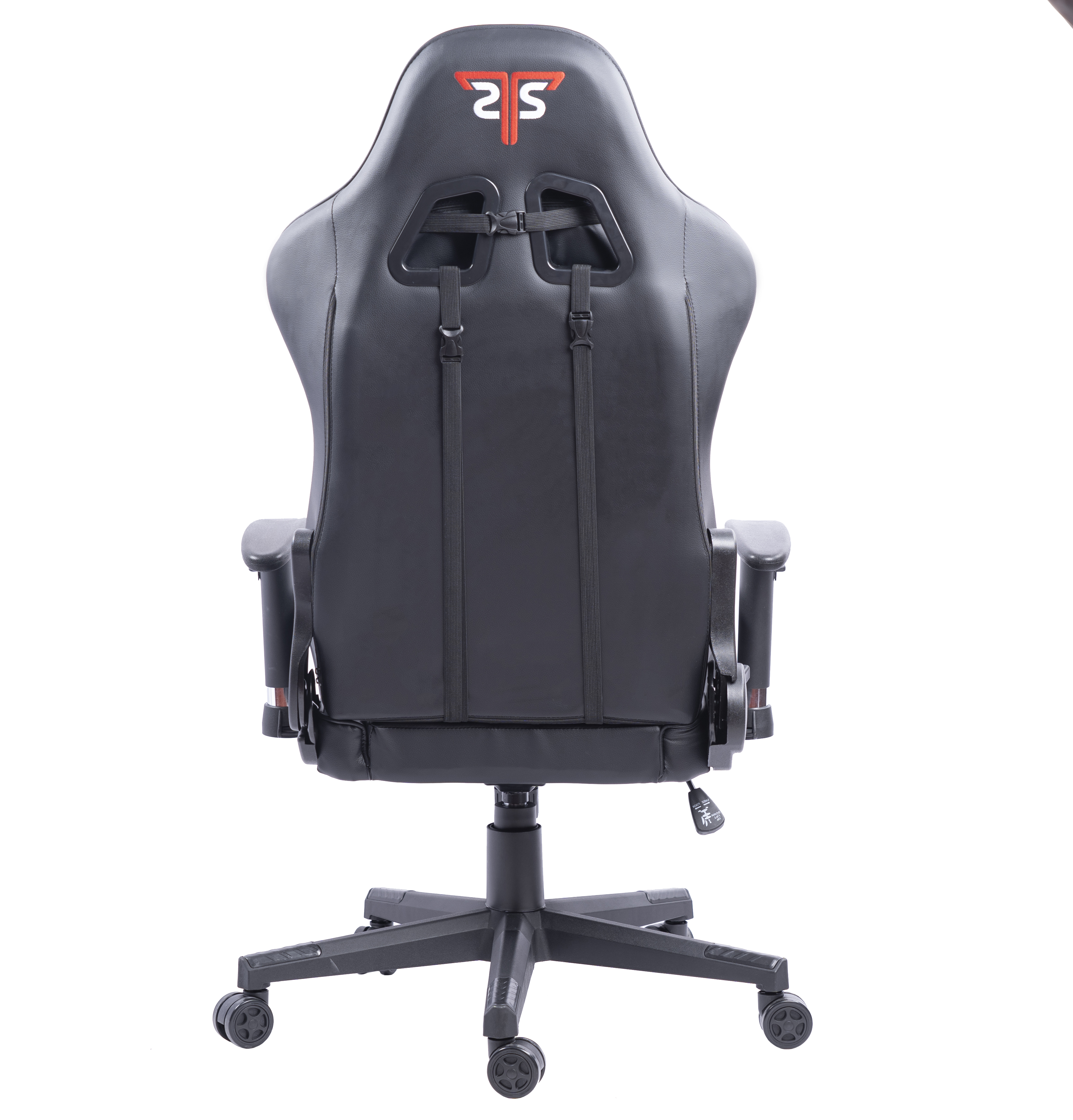 Gaming-Stuhl, Rückansicht, schwarz mit rotem Logo.