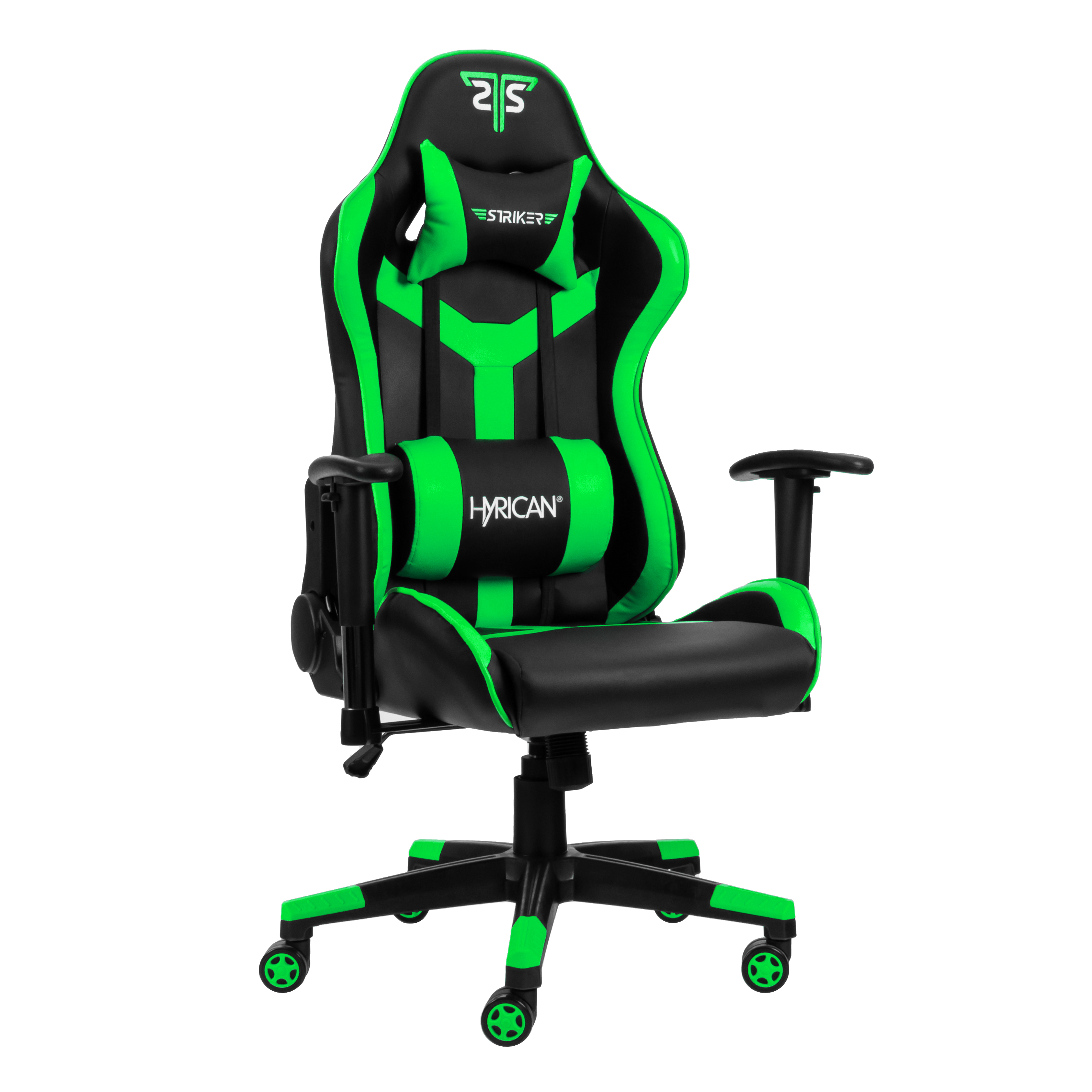Schwarzer und grüner Gaming-Stuhl auf weißem Hintergrund, zur Kamera geneigt.