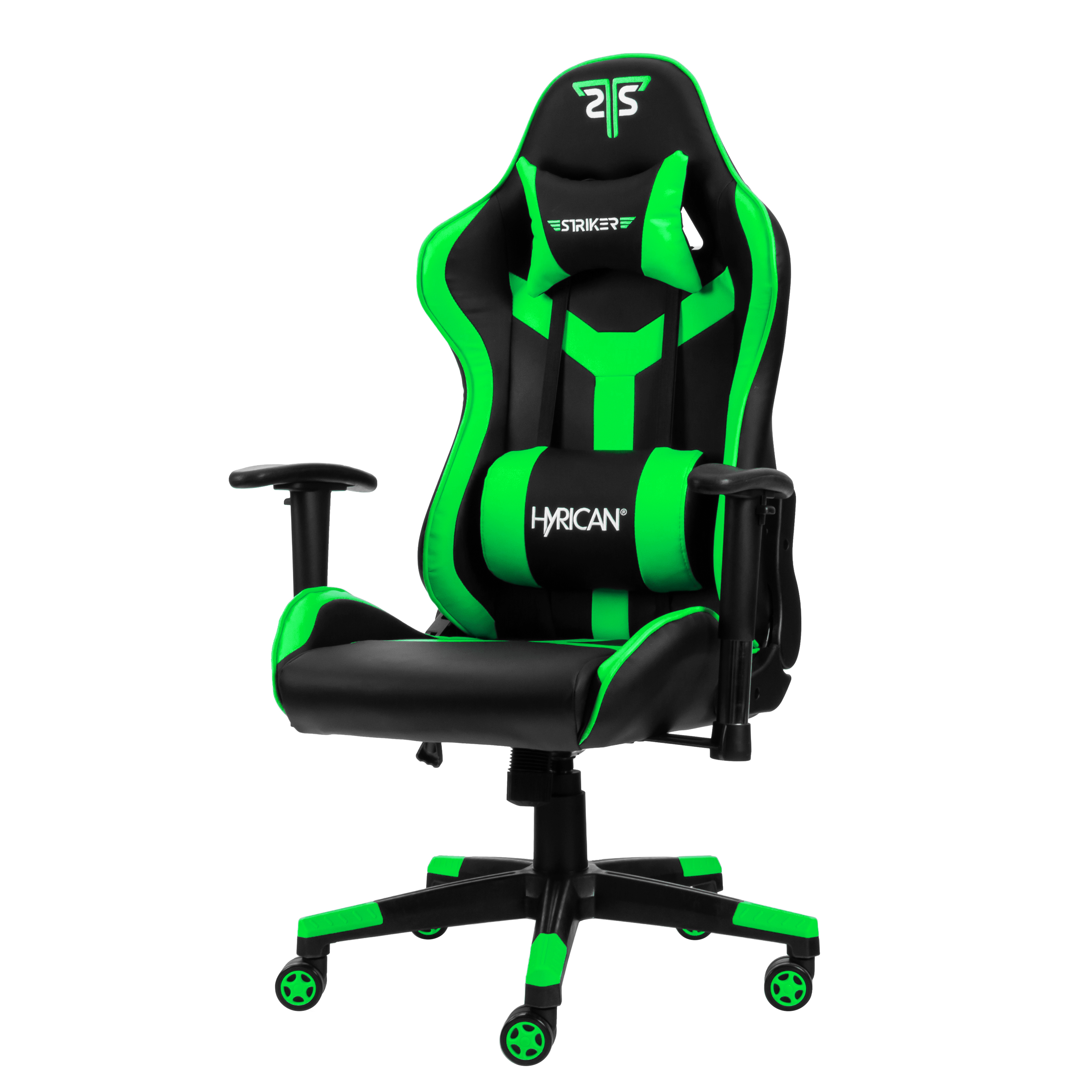 Ein grüner und schwarzer Gaming-Stuhl auf weißem Hintergrund.