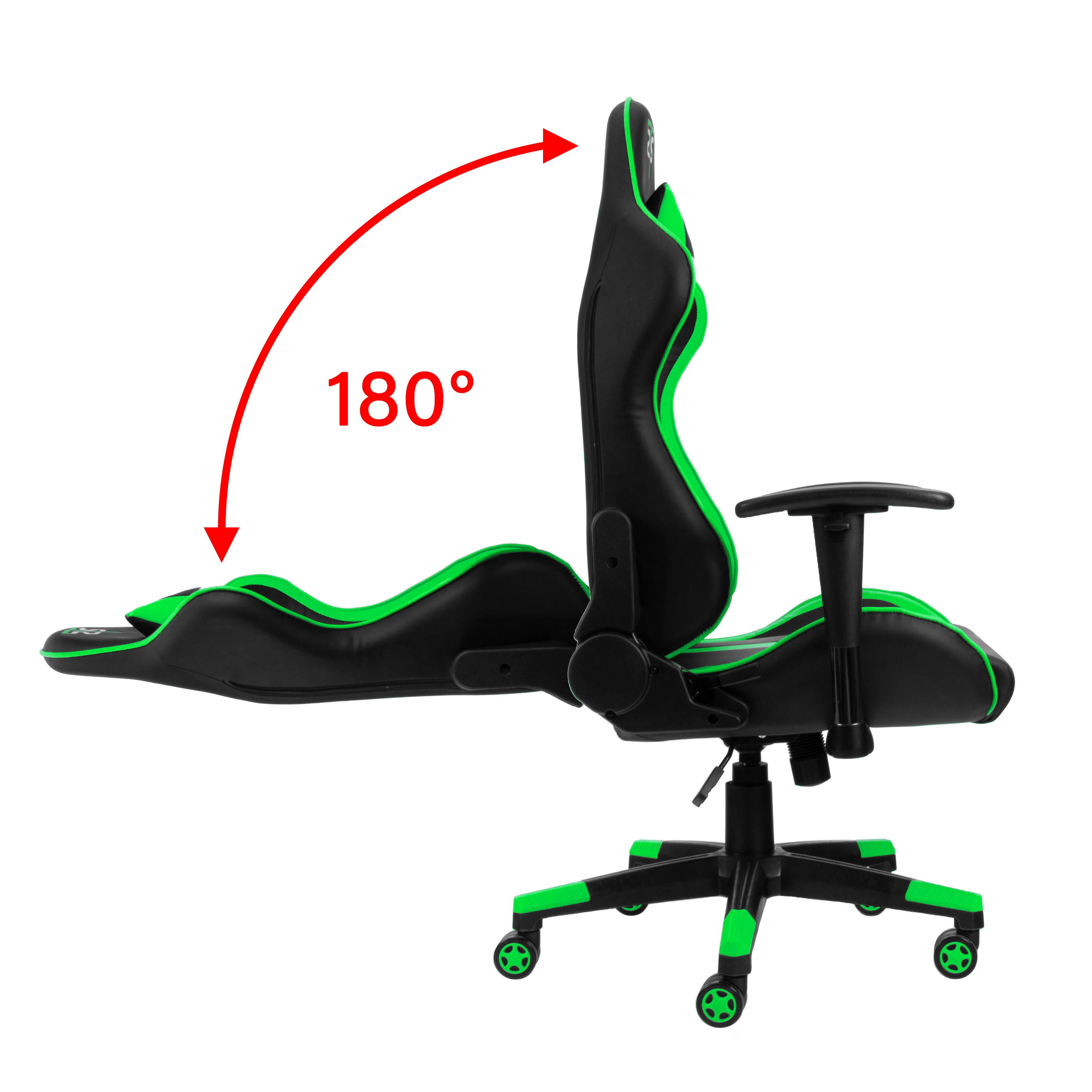 Ein Gaming-Stuhl, der sich um 180 Grad neigt, dargestellt mit einem gebogenen Pfeil.