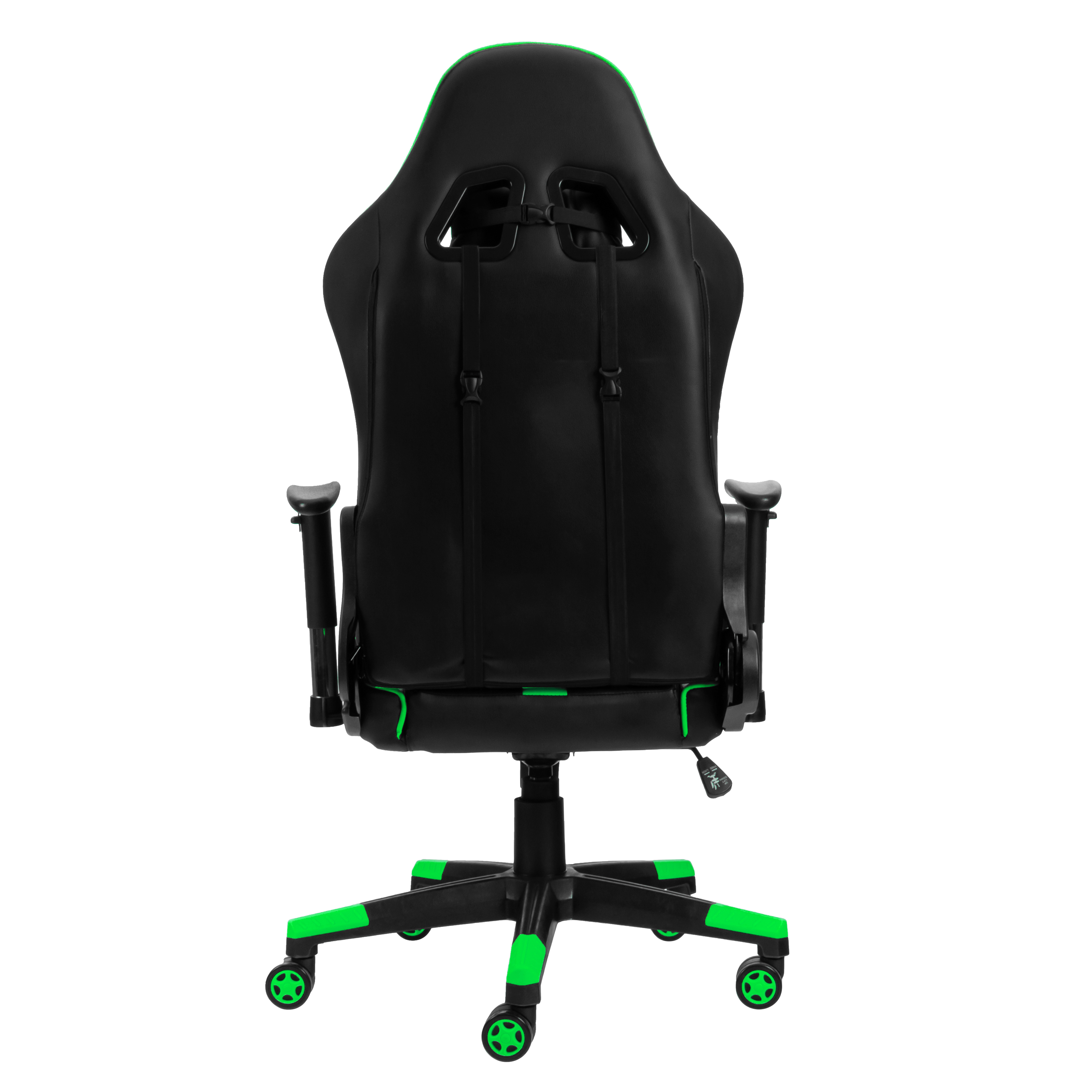 Schwarzer Gaming-Stuhl mit grünen Akzenten und weißem Hintergrund.