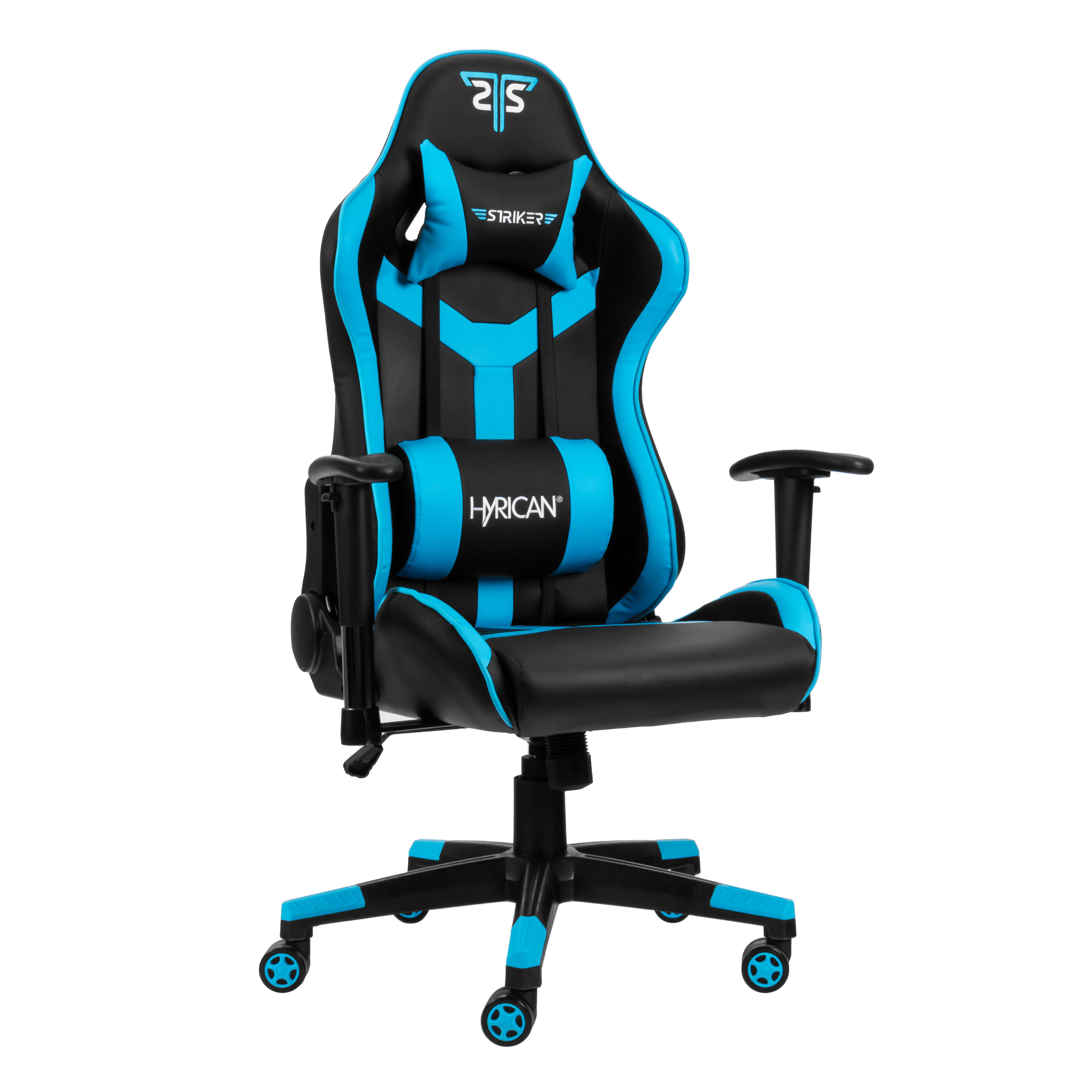Ein schwarz-blauer Gaming-Stuhl mit blauem Kopfstützen- und Lendenwirbelstütze, auf weißem Hintergrund.
