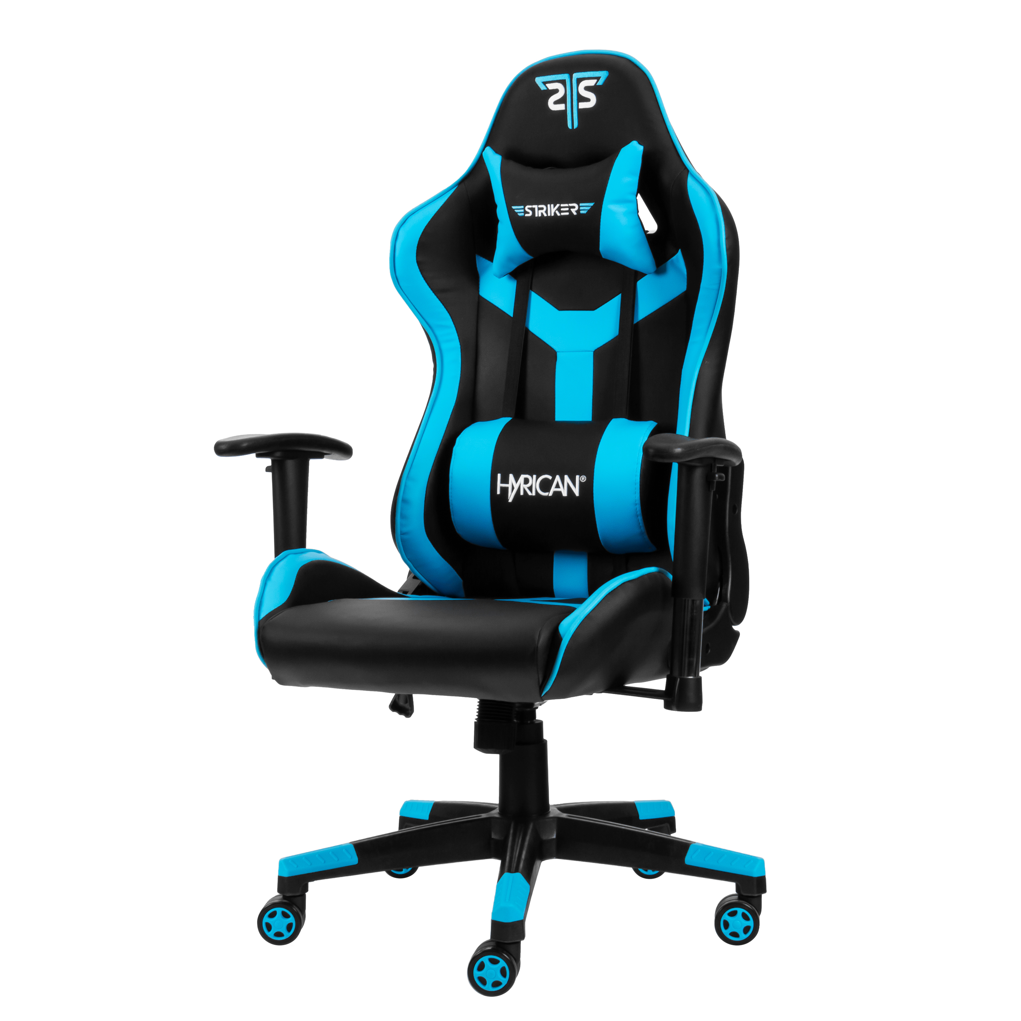 Gaming-Stuhl, schwarz-blaues Farbschema mit blauem Lendenkissen, weißer Hintergrund.