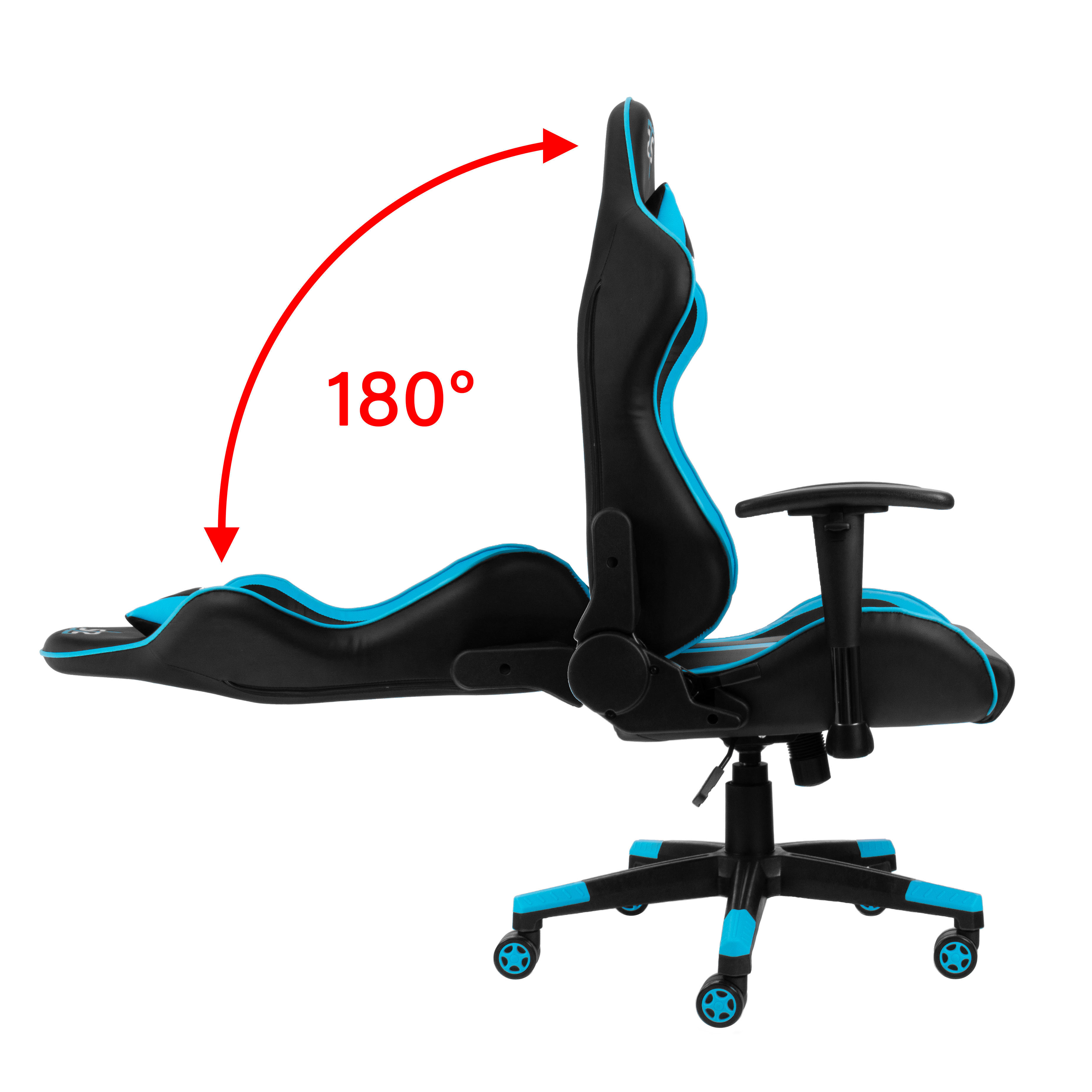Gaming-Stuhl um 180 Grad abgewinkelt. Schwarz und blau, mit fünf Rollen.