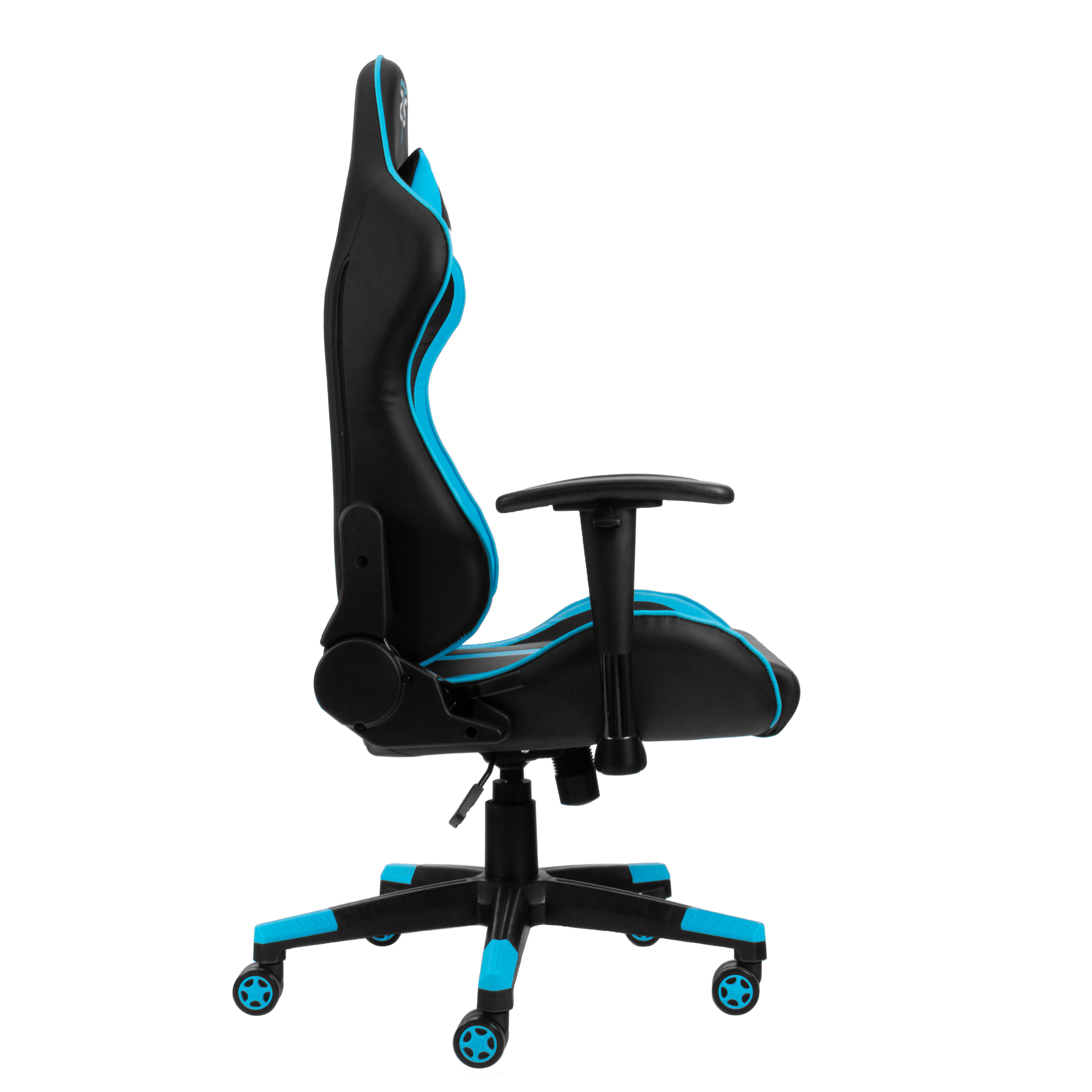 Ein Gaming-Stuhl mit blauen Akzenten, schwarzem Sitz und Rückenlehne und blauer Basis.