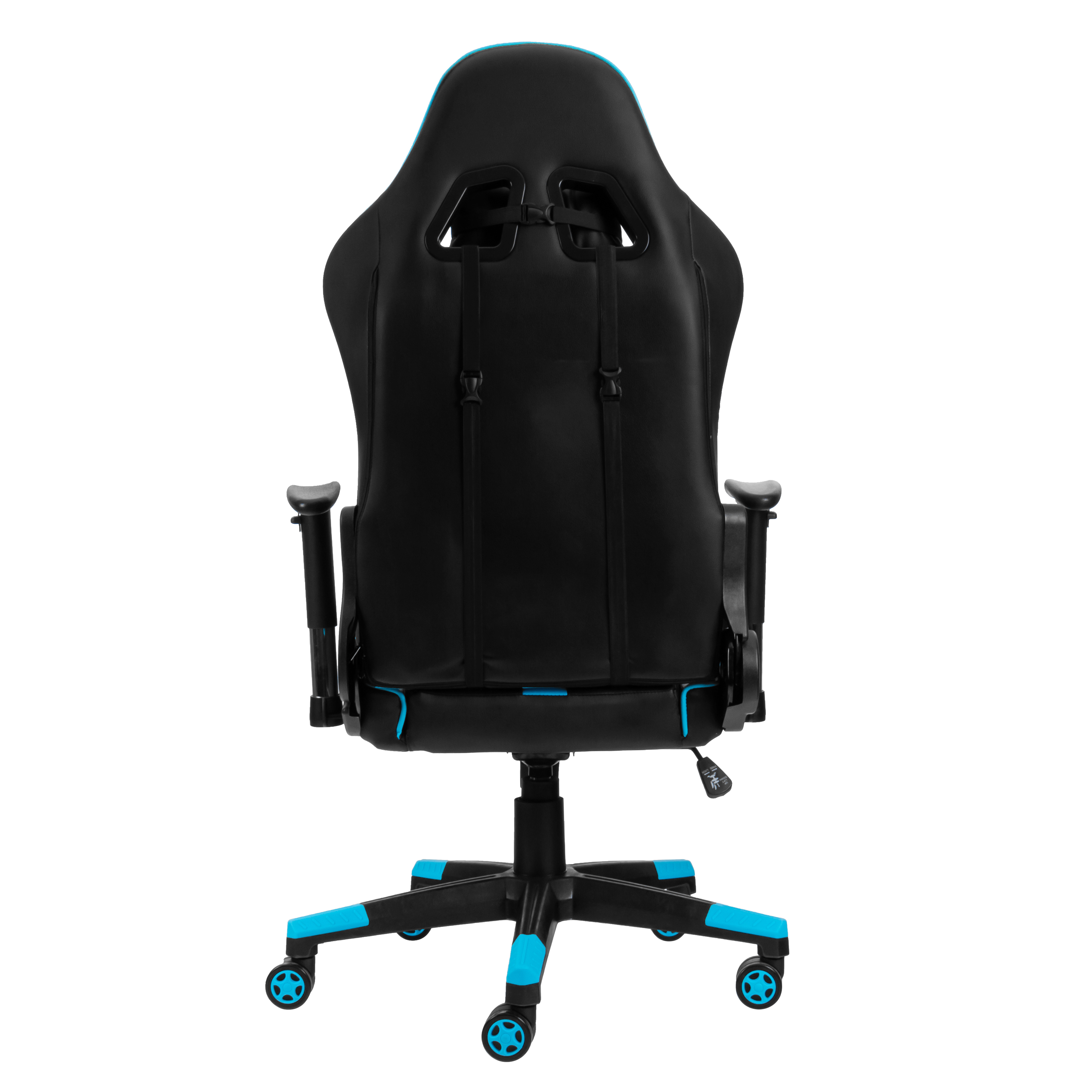 Schwarzer und blauer Gaming-Stuhl von hinten gesehen.