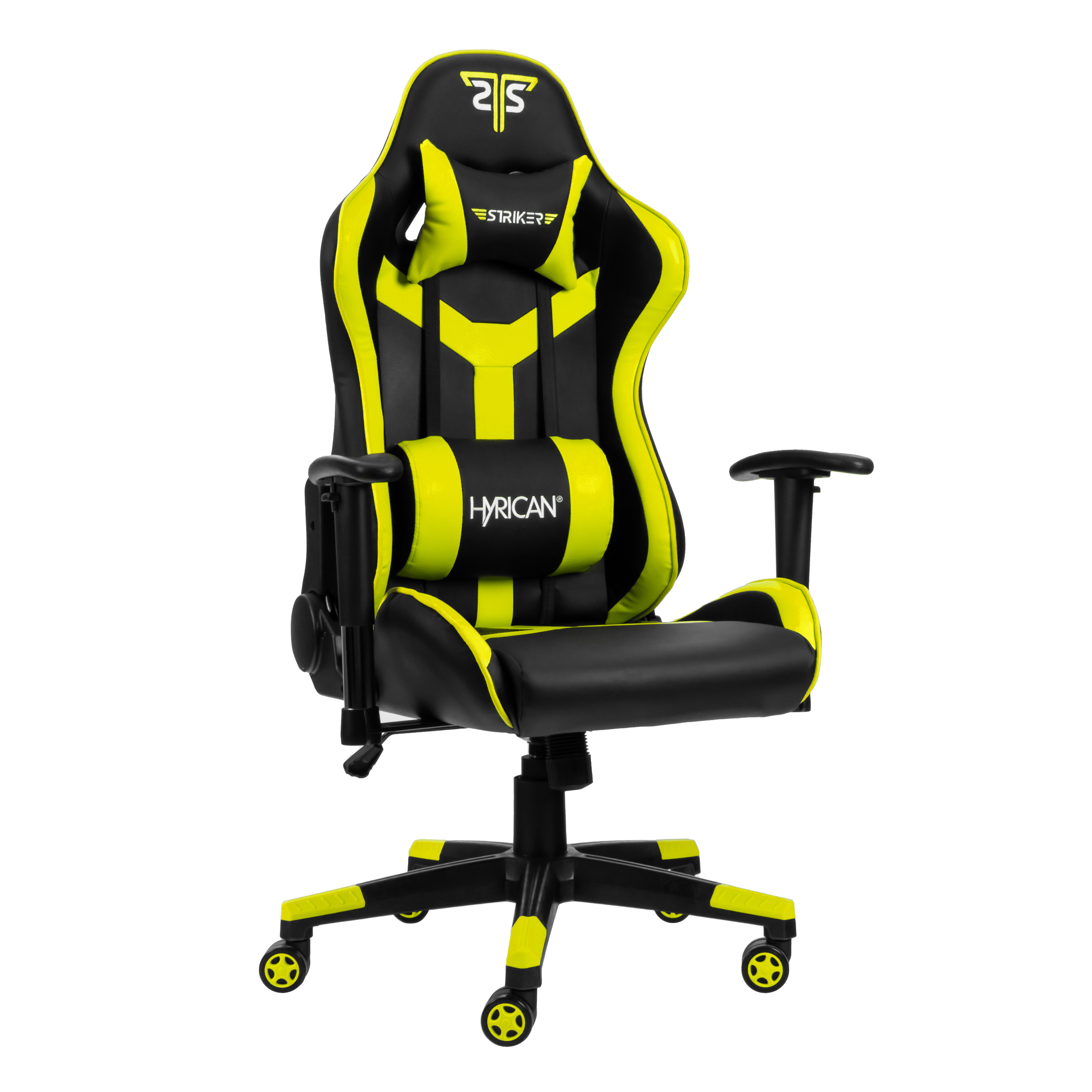 Schwarz-gelber Gaming-Stuhl, mit Rädern, vor weißem Hintergrund.