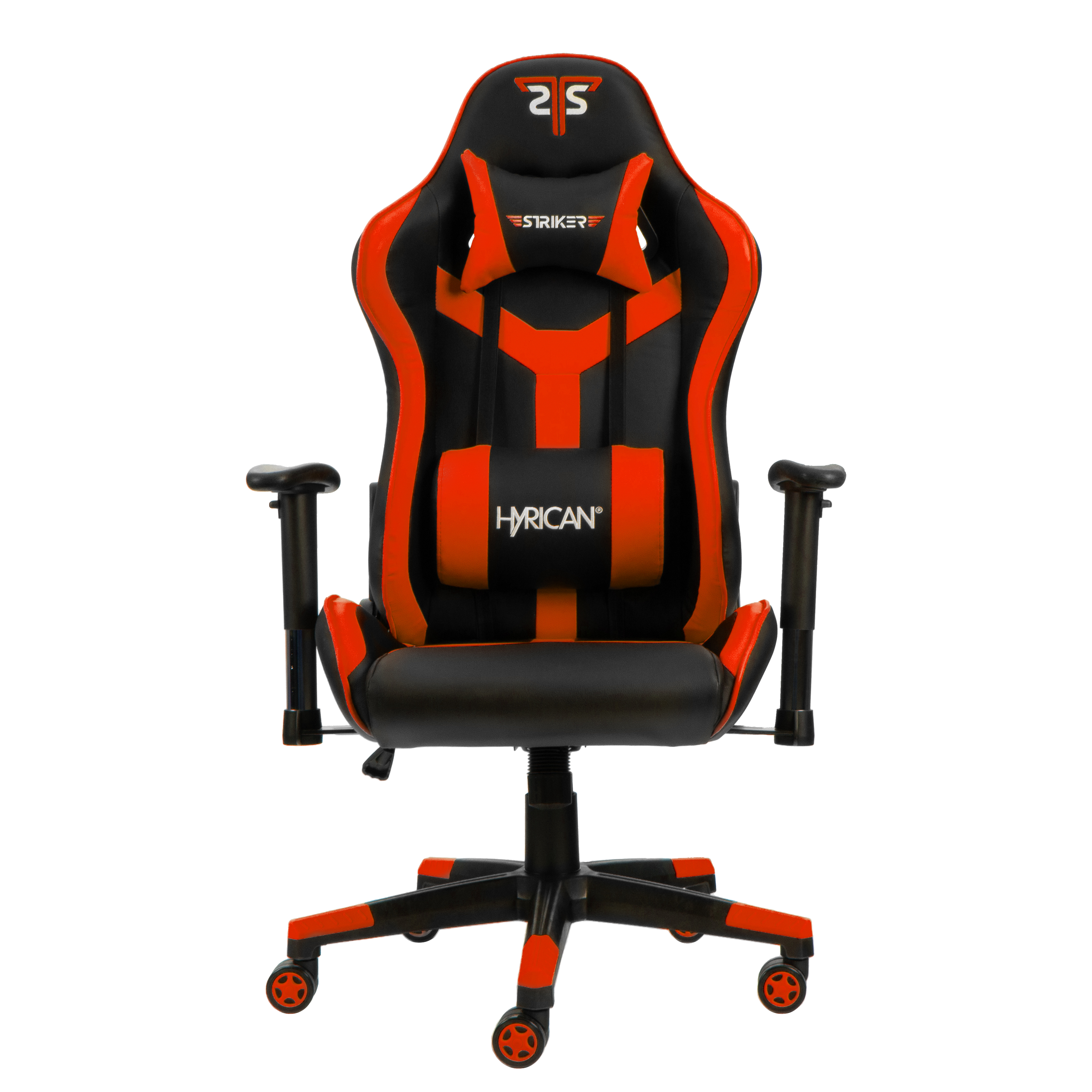 Schwarzer und oranger Gaming-Stuhl mit Kopfstütze und Logo, weißer Hintergrund.