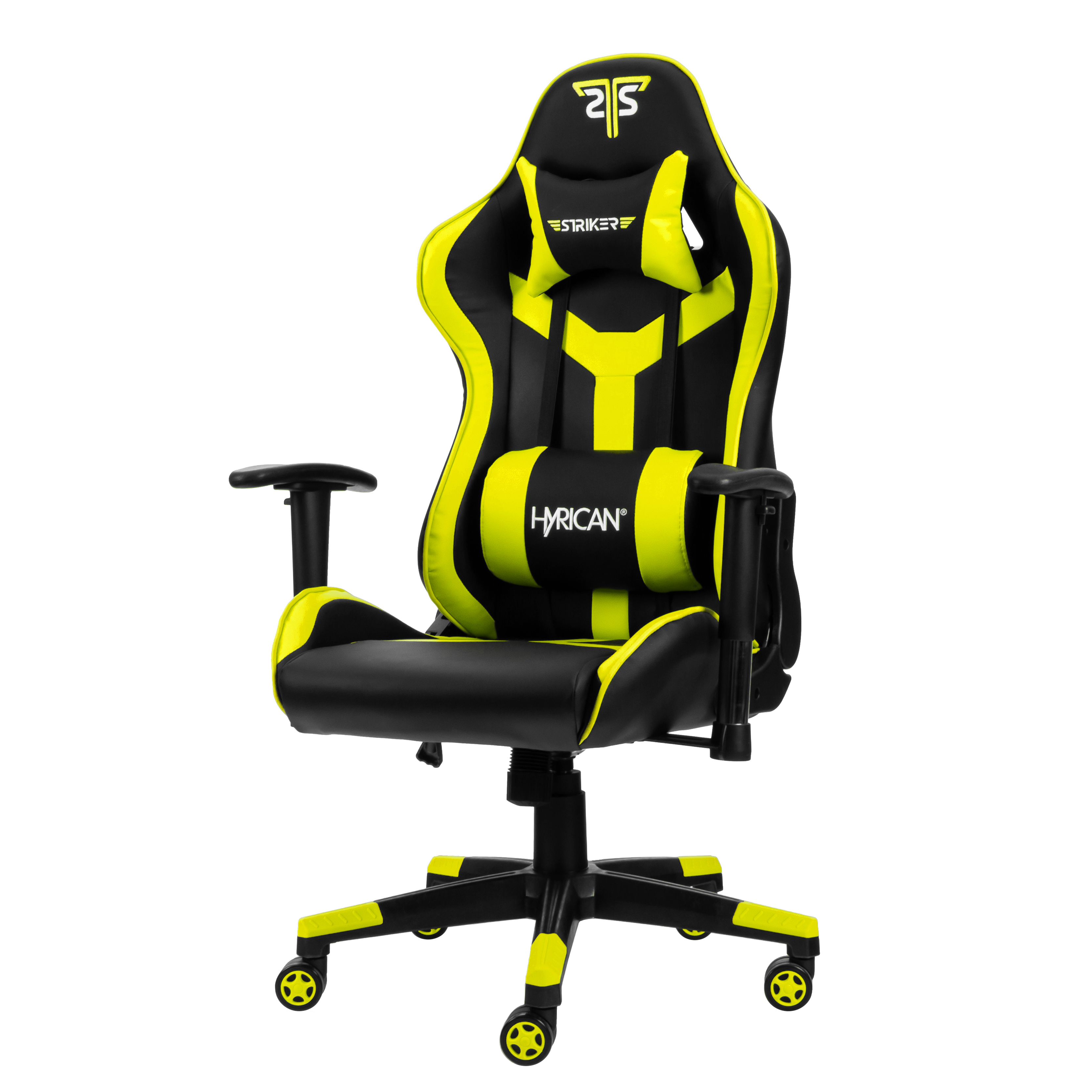 Ein Gaming-Stuhl in Schwarz und Gelb. Der Stuhl hat eine Kopfstütze, eine Rückenlehne und Armlehnen.
