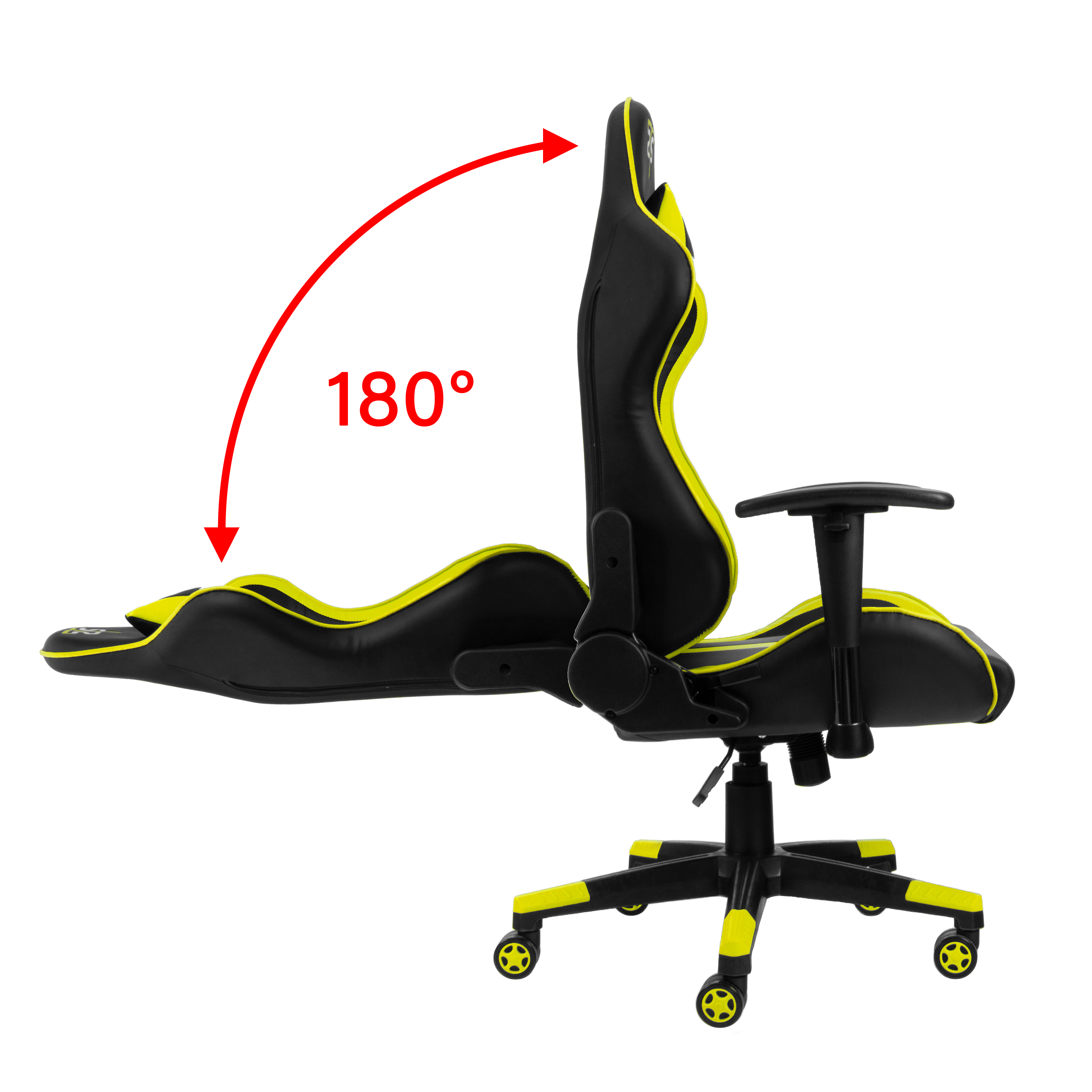 Gaming-Stuhl mit schwarzen und gelben Details. Die Rückenlehne ist um 180 Grad geneigt.