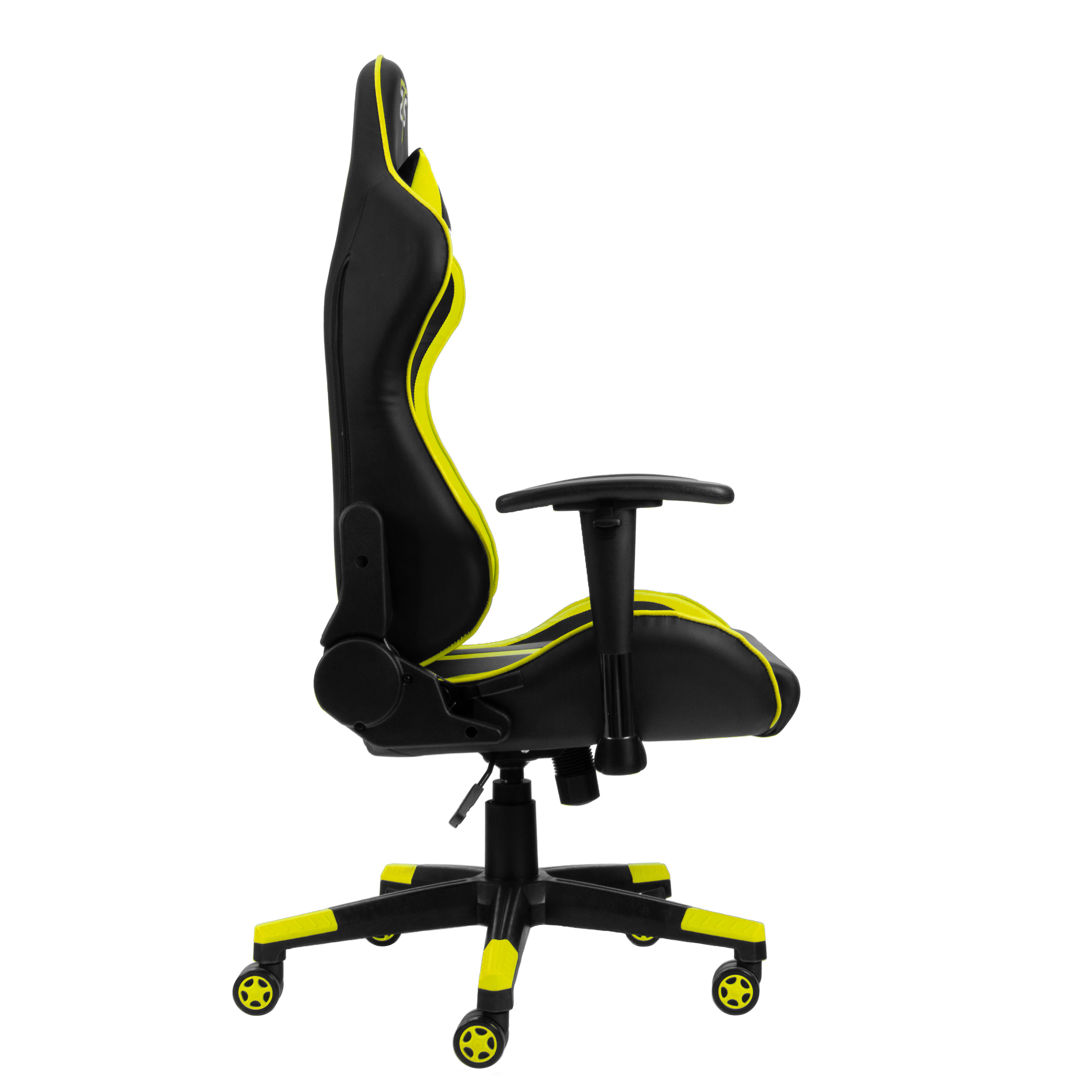 Gaming-Stuhl, schwarz mit gelben Akzenten. Seitenansicht, weißer Hintergrund.