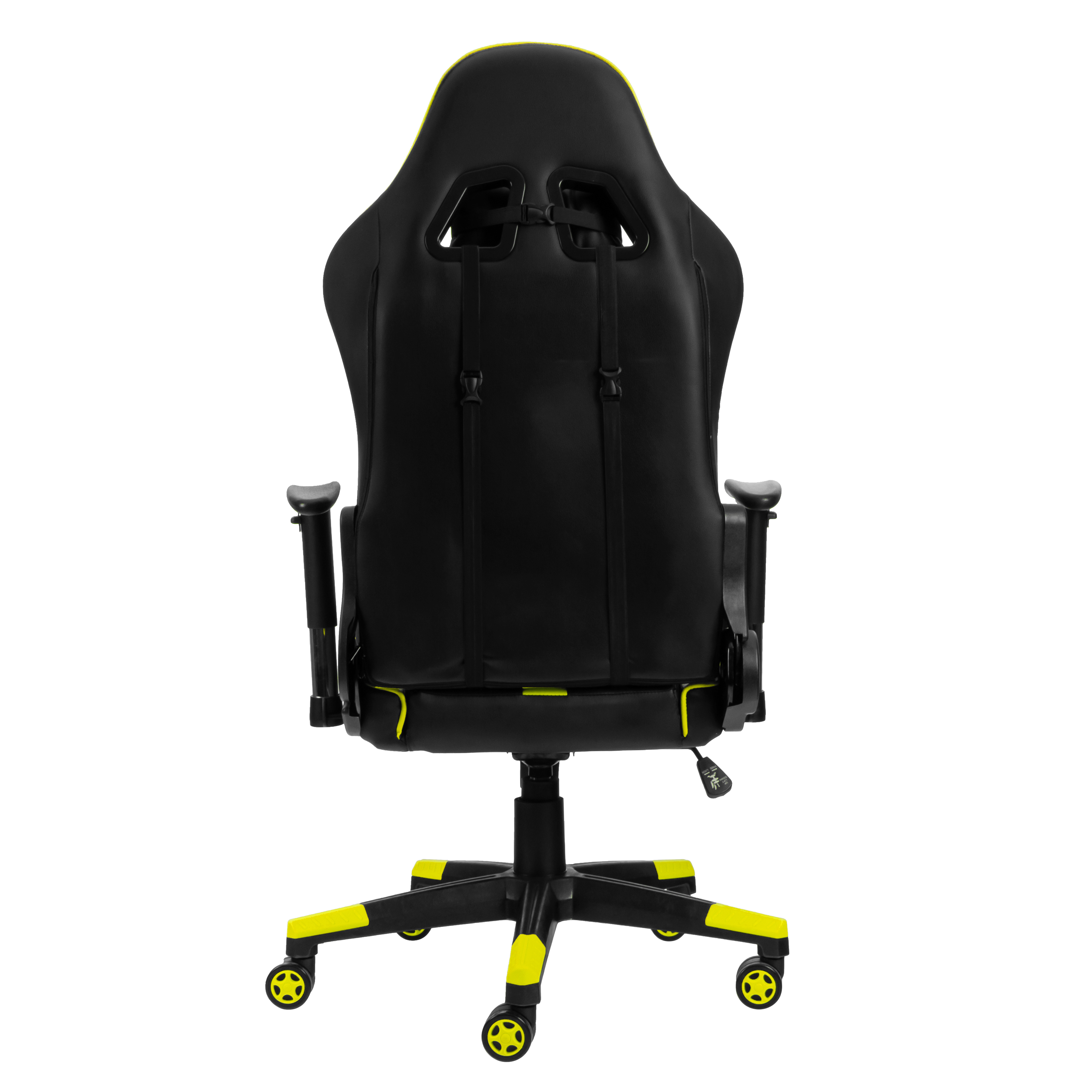 Rückansicht eines Gaming-Stuhls, schwarz mit gelben Akzenten und Rollen.