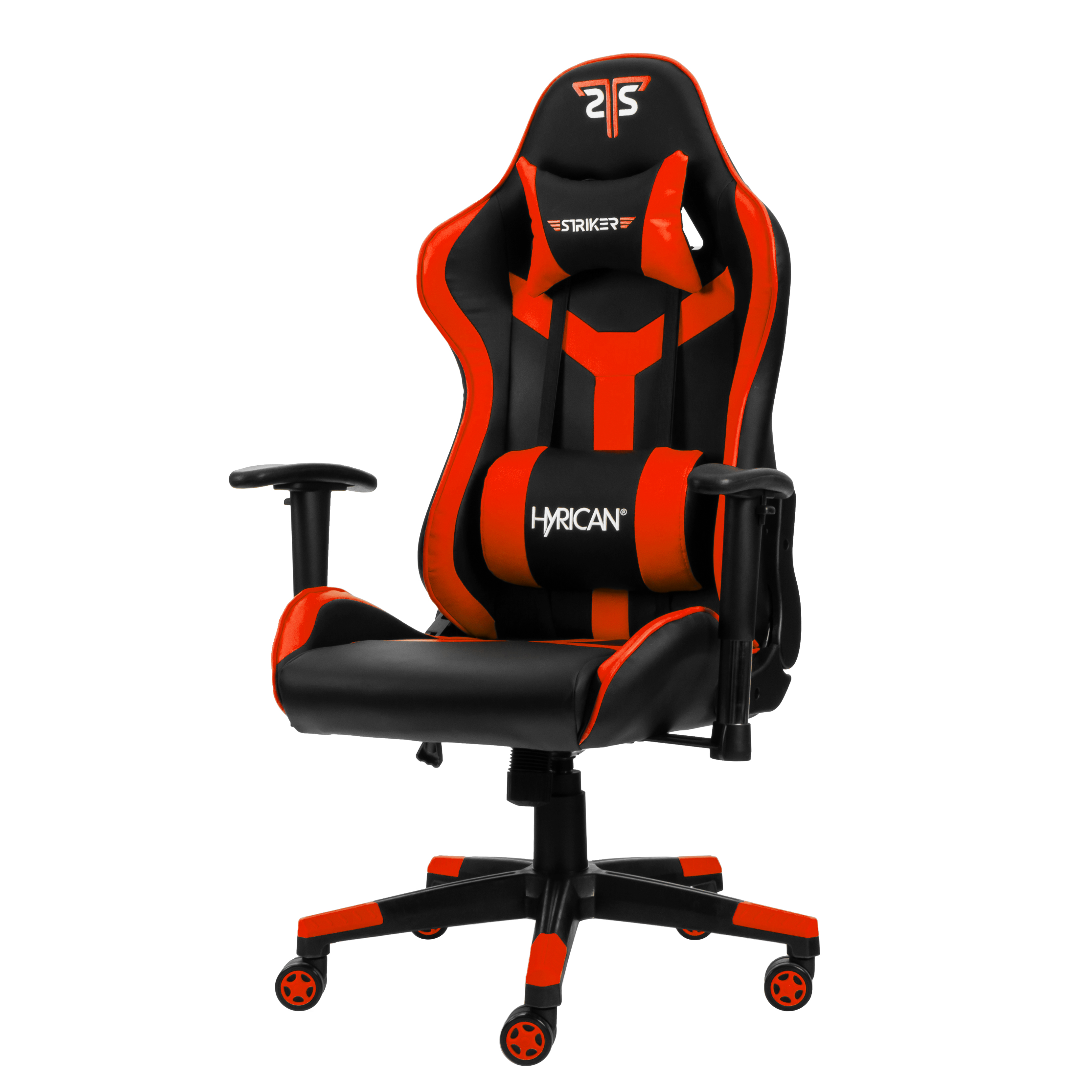 Roter und schwarzer Gaming-Stuhl. Er hat ein schwarzes Gestell mit orangenen Rollen. Der Hintergrund ist weiß.