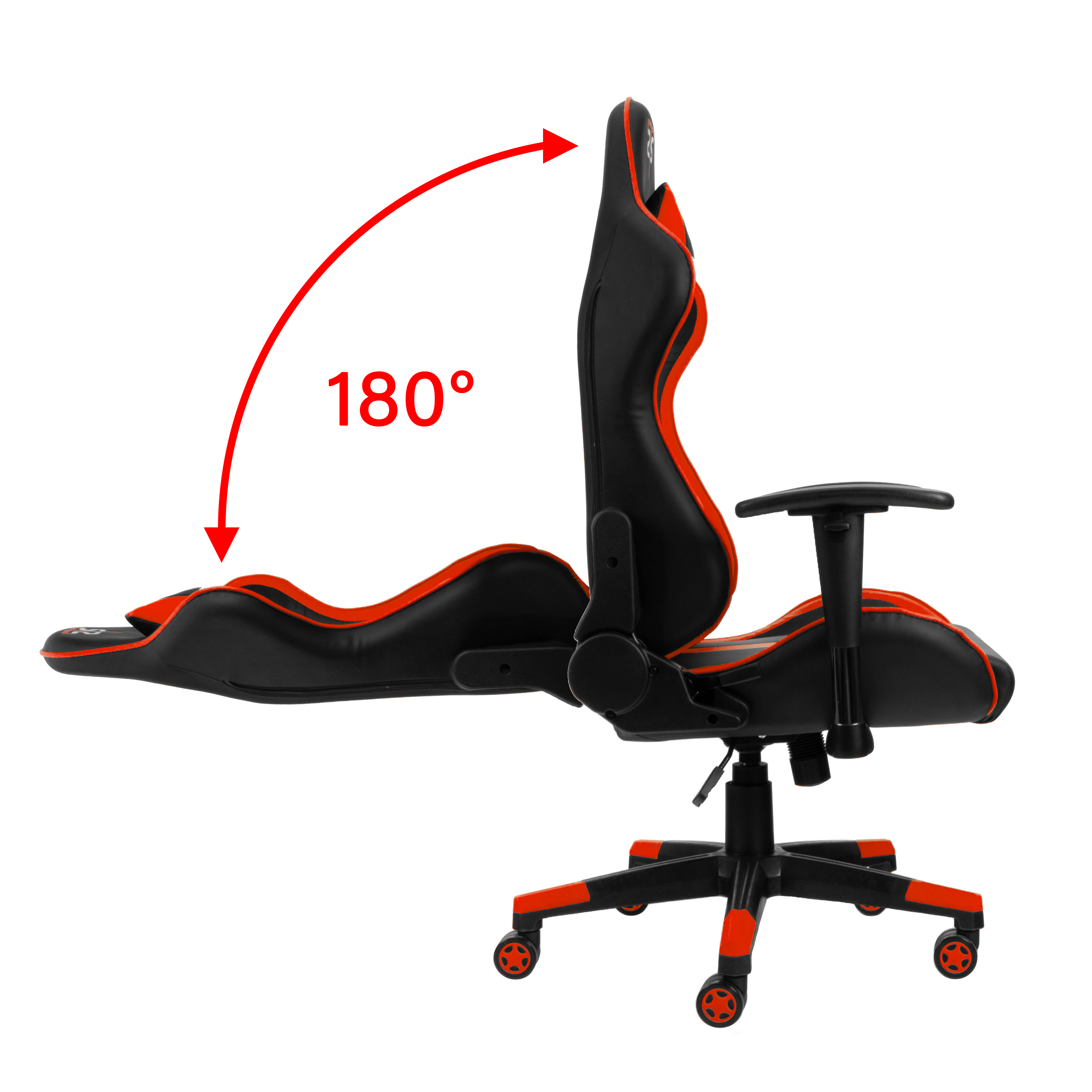 Gaming-Stuhl, schwarz und rot, mit 180-Grad-Rückenlehnenverstellung.