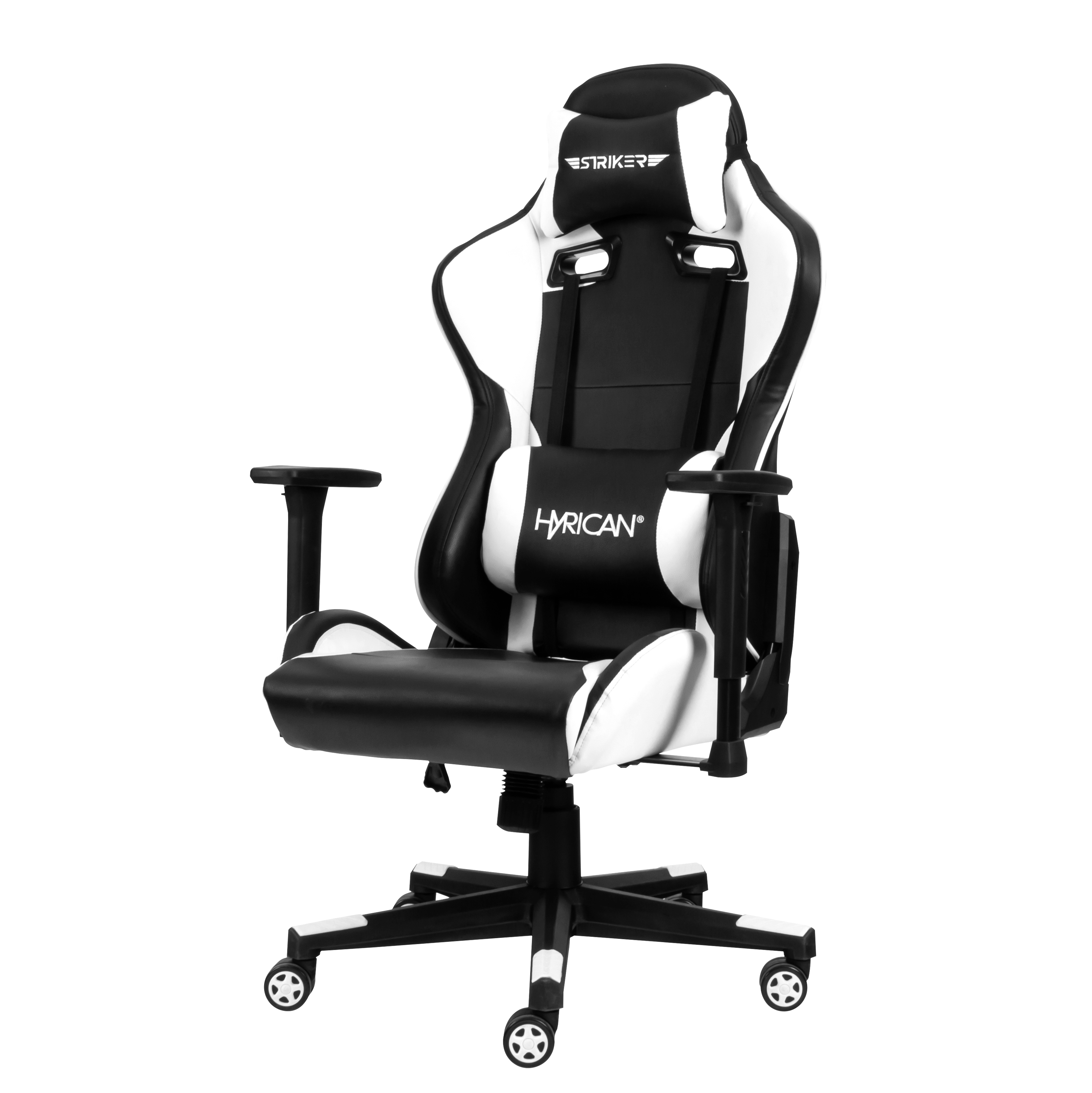 Gaming-Stuhl mit schwarz-weißem Design. Der Stuhl steht auf weißem Hintergrund.
