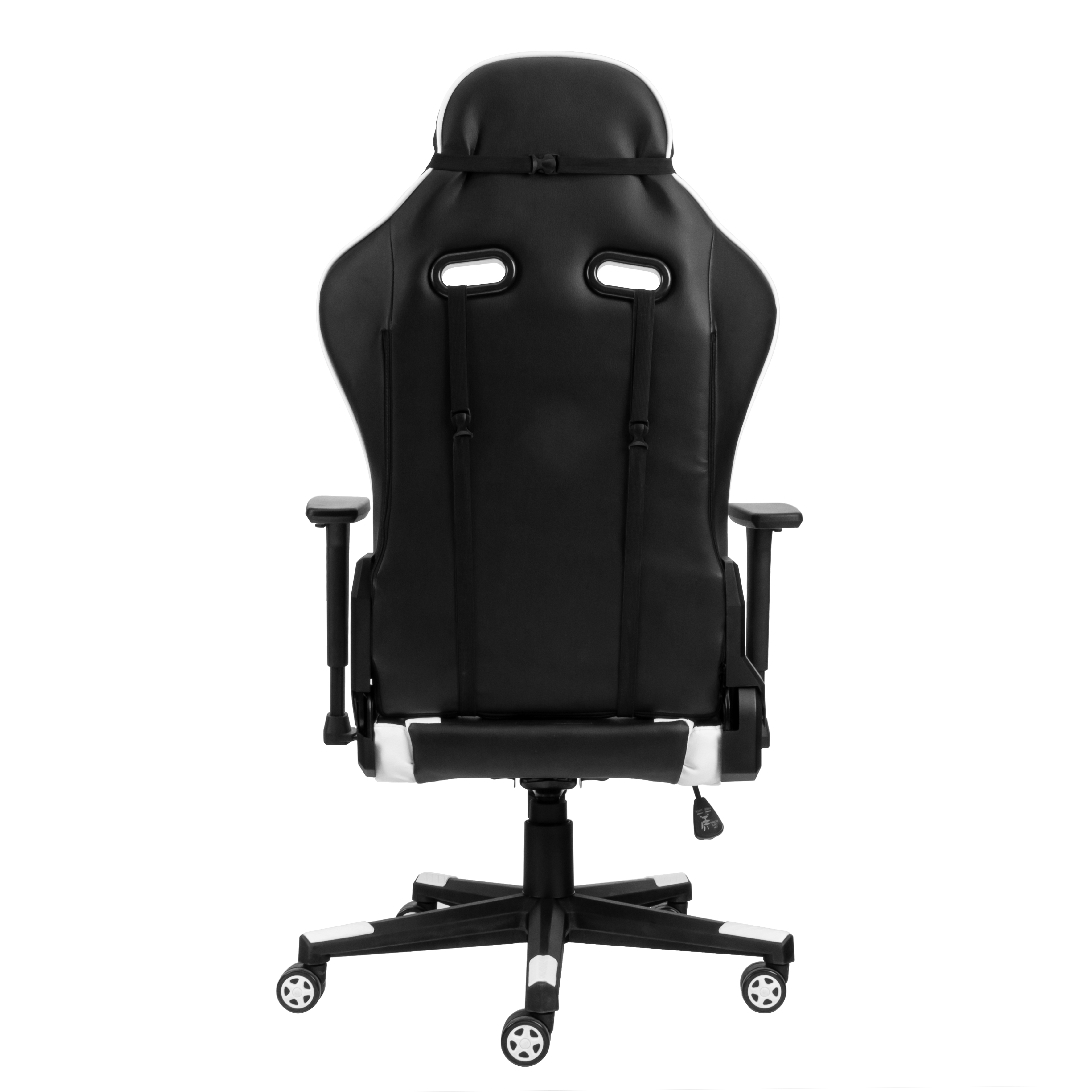 Schwarz-weißer Gaming-Stuhl, Rückansicht, mit verstellbaren Funktionen.