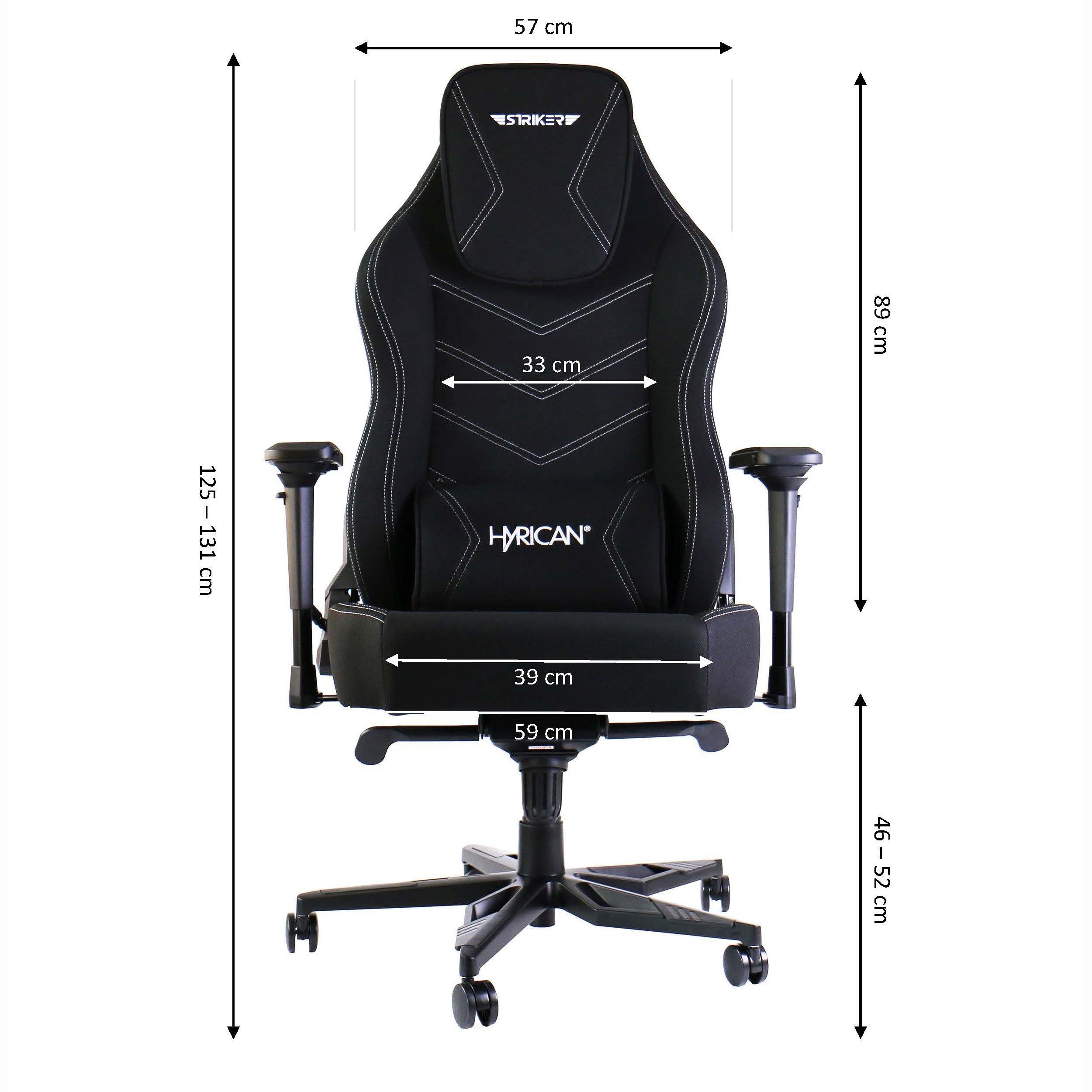 Gaming-Stuhl, schwarz mit weißen Nähten. Abmessungen werden angezeigt. Stuhl auf weißem Hintergrund.