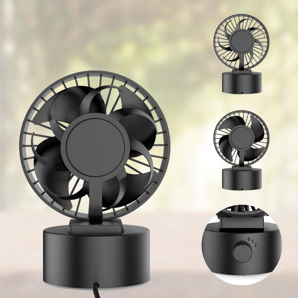 Ventilateur noir avec trois vues. Base ronde, réglable. Fond blanc. Cadran avec les chiffres 0, 1, 2.