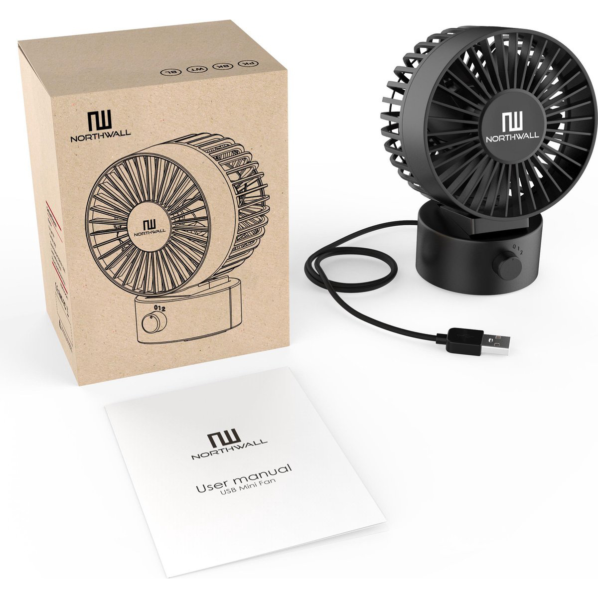 Un mini ventilateur noir avec un câble USB, une boîte et un manuel d'utilisation sur fond blanc.