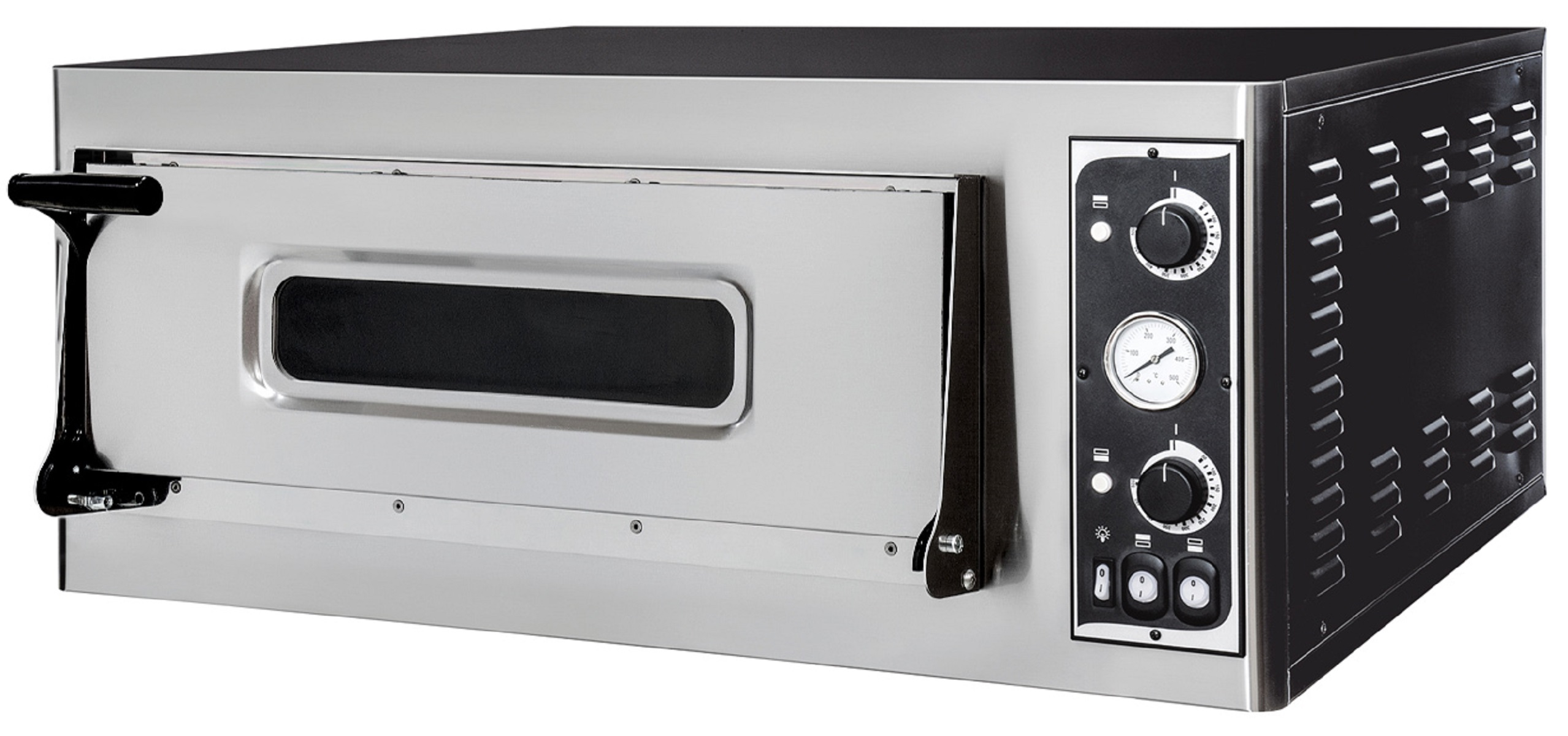 Forno in acciaio inossidabile con comandi, finestrella e maniglia su sfondo bianco.