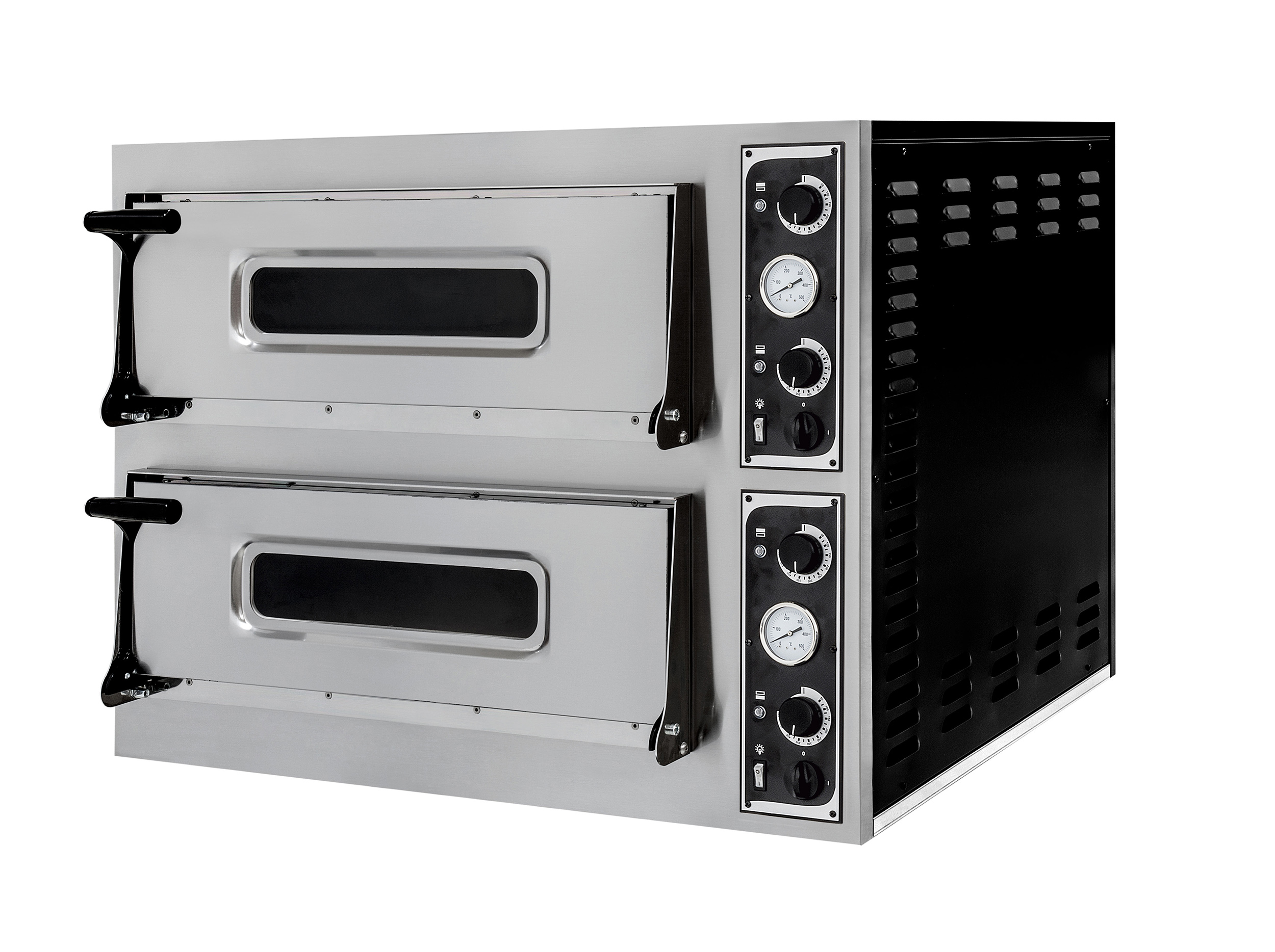Forno a due piani. Porte in acciaio inox, fianchi neri, con manopole e indicatori.