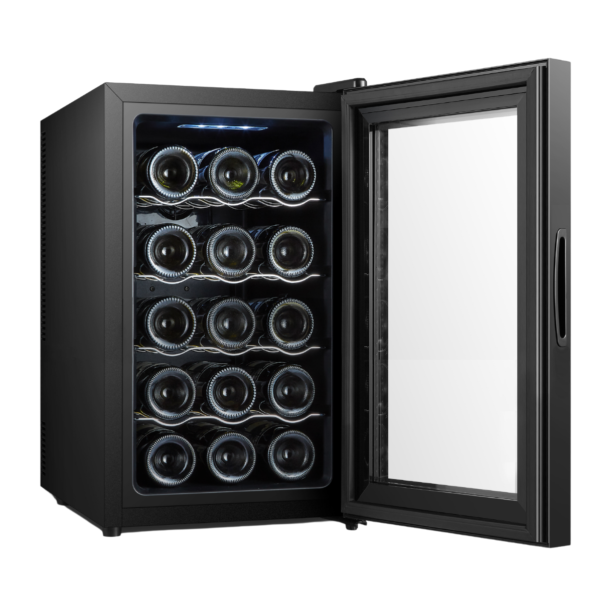 Una vinoteca negra con puerta de cristal, llena de botellas de vino.