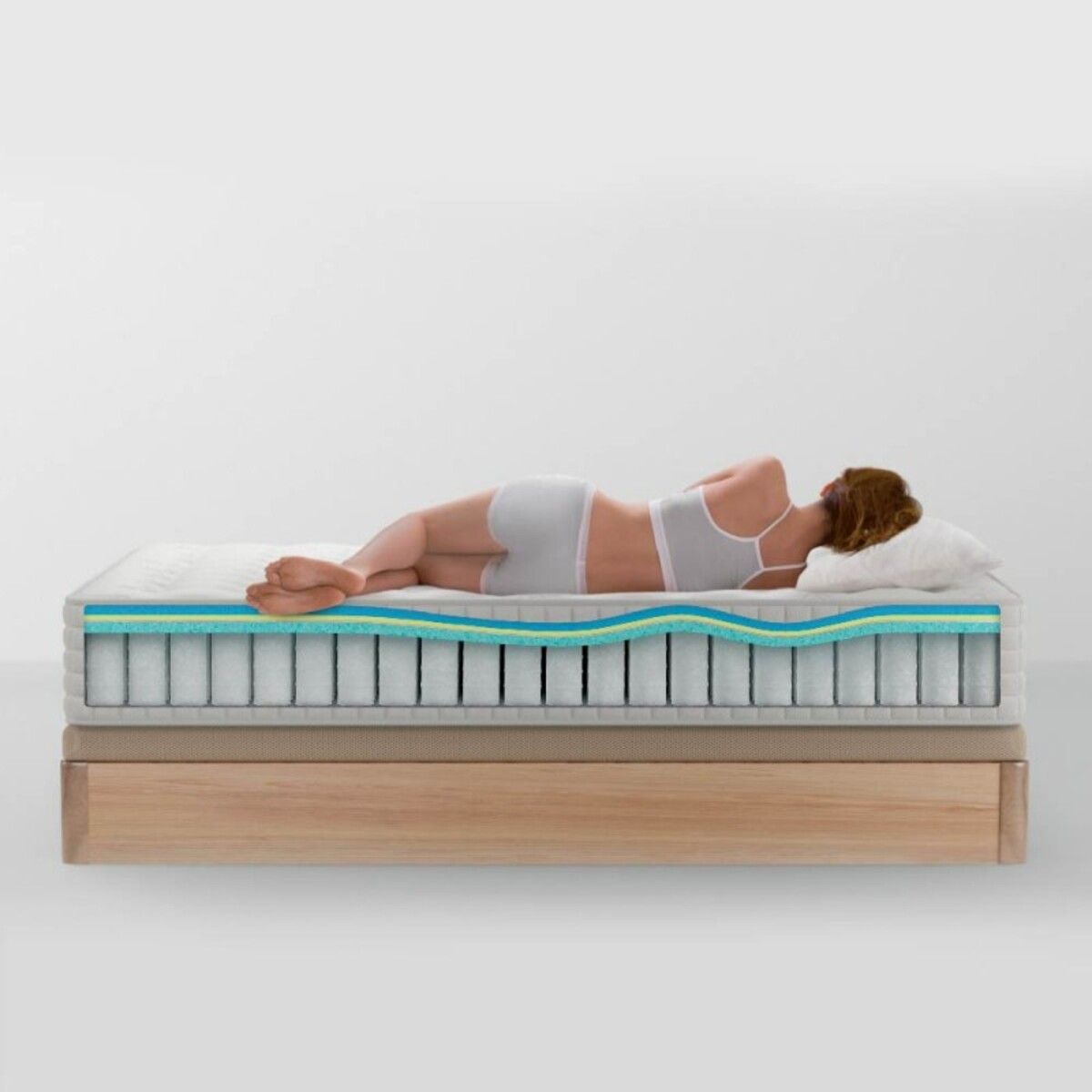 Persona durmiendo en un colchón estratificado con secciones azules, amarillas y blancas, con base de madera.