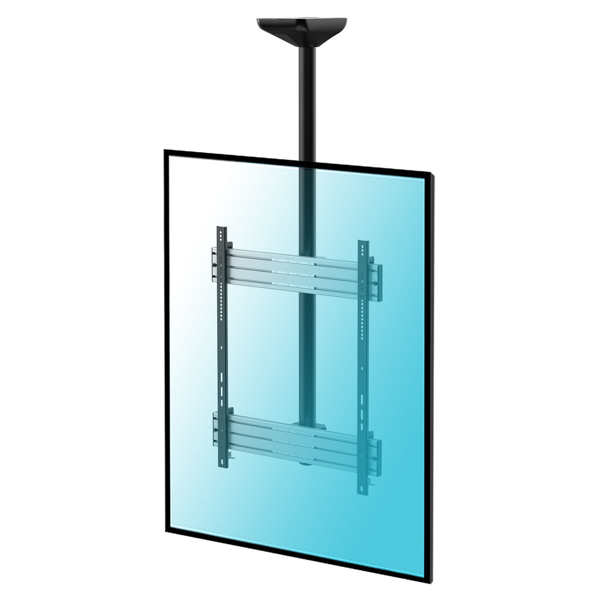 Un supporto TV sospeso a soffitto. Una cornice rettangolare delle dimensioni di una TV con staffe.