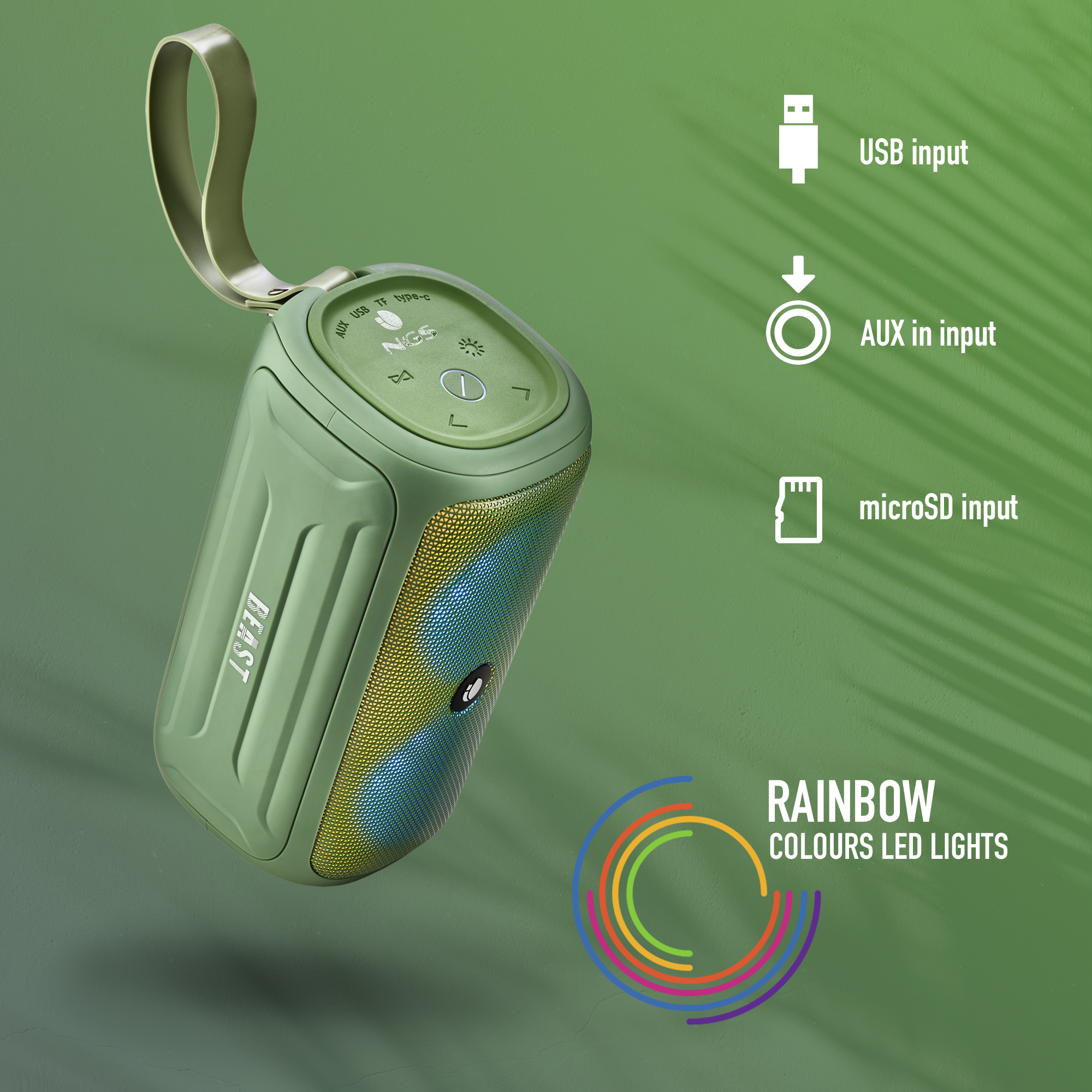 Zielony głośnik przenośny z diodami LED. Zawiera wejścia USB, AUX i microSD. Posiada kolorowe diody LED.